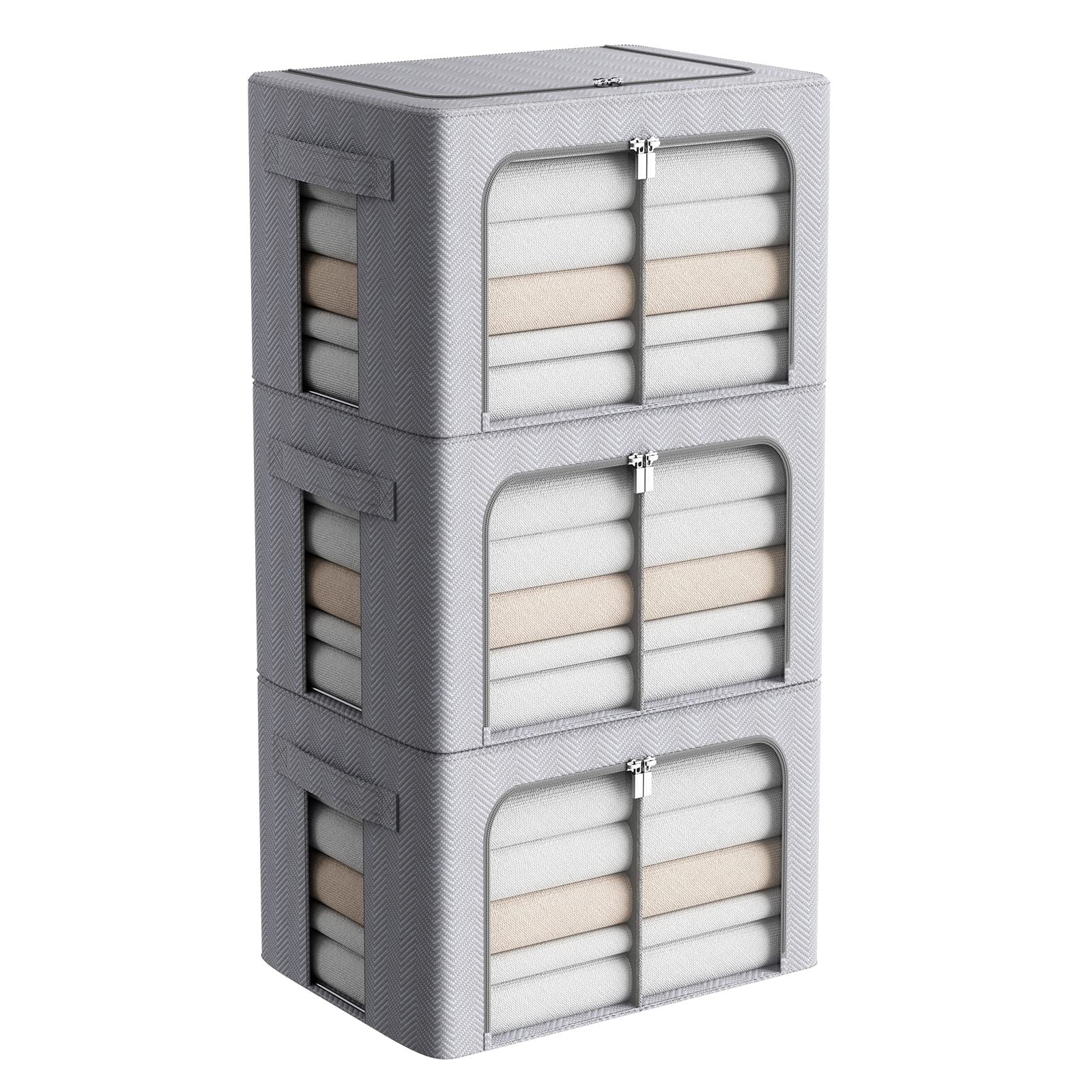 Photo 1 of 3 Pack Clothes Storage Bins,Foldable Metal Frame Storage Box,Oxford Fabric Clothing Container Organizer Set with Clear Windows&Sturdy Carry Handles for Bedding,Clothing(36L,Light Grey) Light Grey Small-36L-15.7x11.8x11.81012823359

