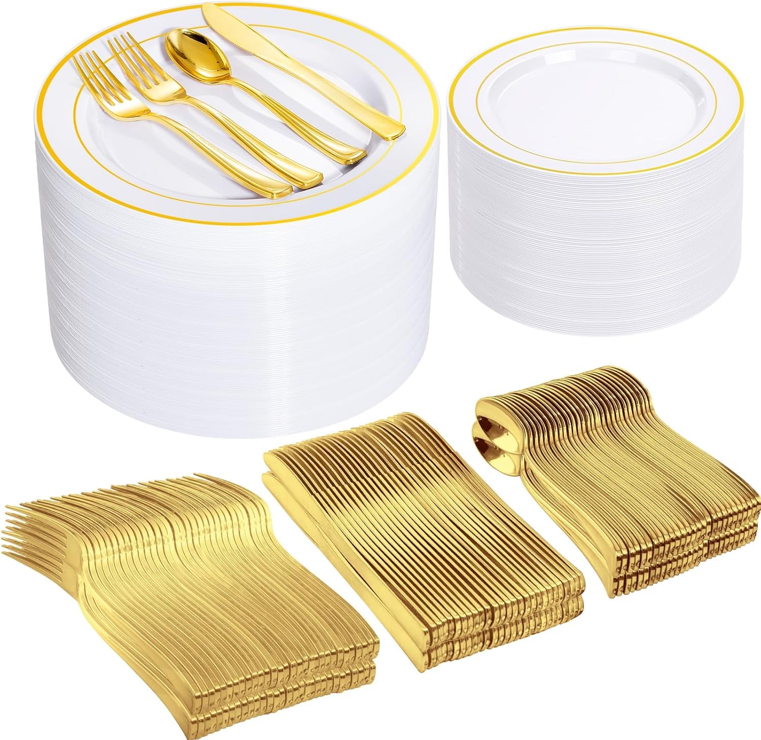 I00000 600 Pcs Gold Plastic Plates for 100 Guests.Disposable Plates for Party,Plastic Dinnerware Set of 100 Dinner Plates,100 Salad Plates,400 Gold Silverware Set(100 Spoons,100 Knives,200 Forks).