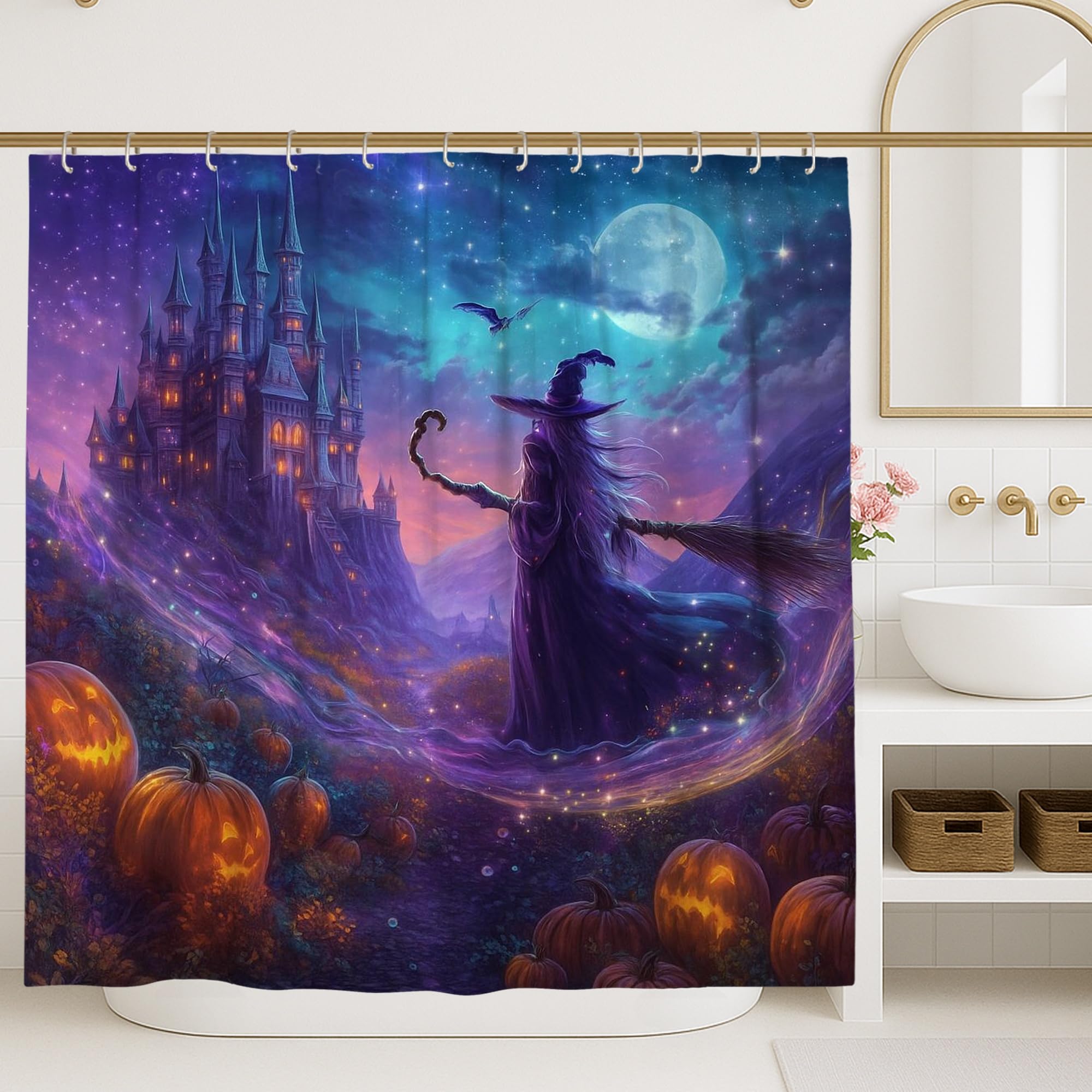 Rideau de douche sorcière d'Halloween, ciel nocturne violet, décoration d'Halloween, design moderne effrayant d'automne, rideau de douche en tissu imperméable avec crochets 274 x 183 cm