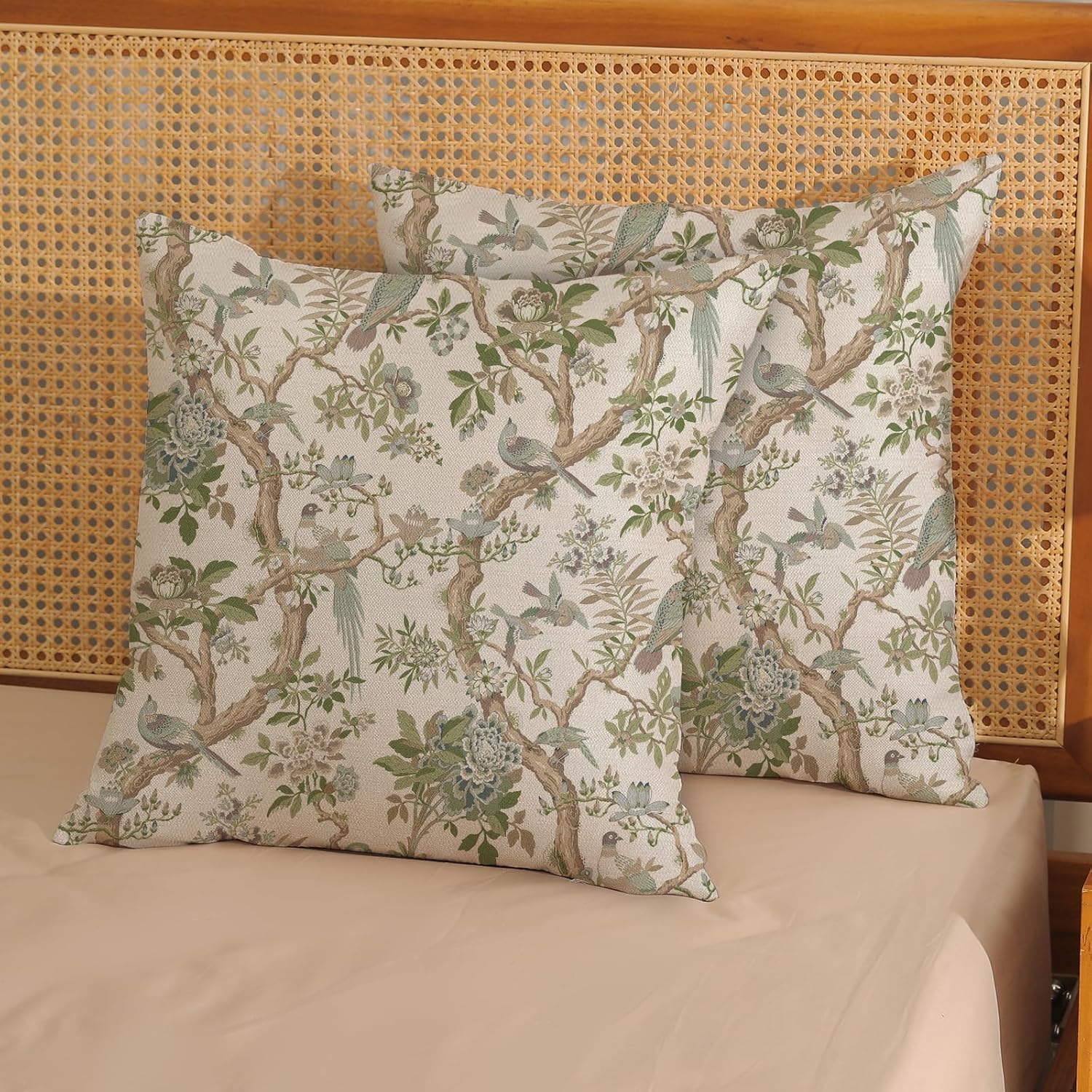 Green Floral Bird Pillow Covers 20x20 Set of 2 Chinoiserie Throw Pillows Green Vintage Flowers Bird Decorative Pillow Cases Outdoor Chinoiserie Decor Farmhouse Cushion Case for Couch Sofa 20" x 20" (Pack of 2) Green Chinoiserie-1