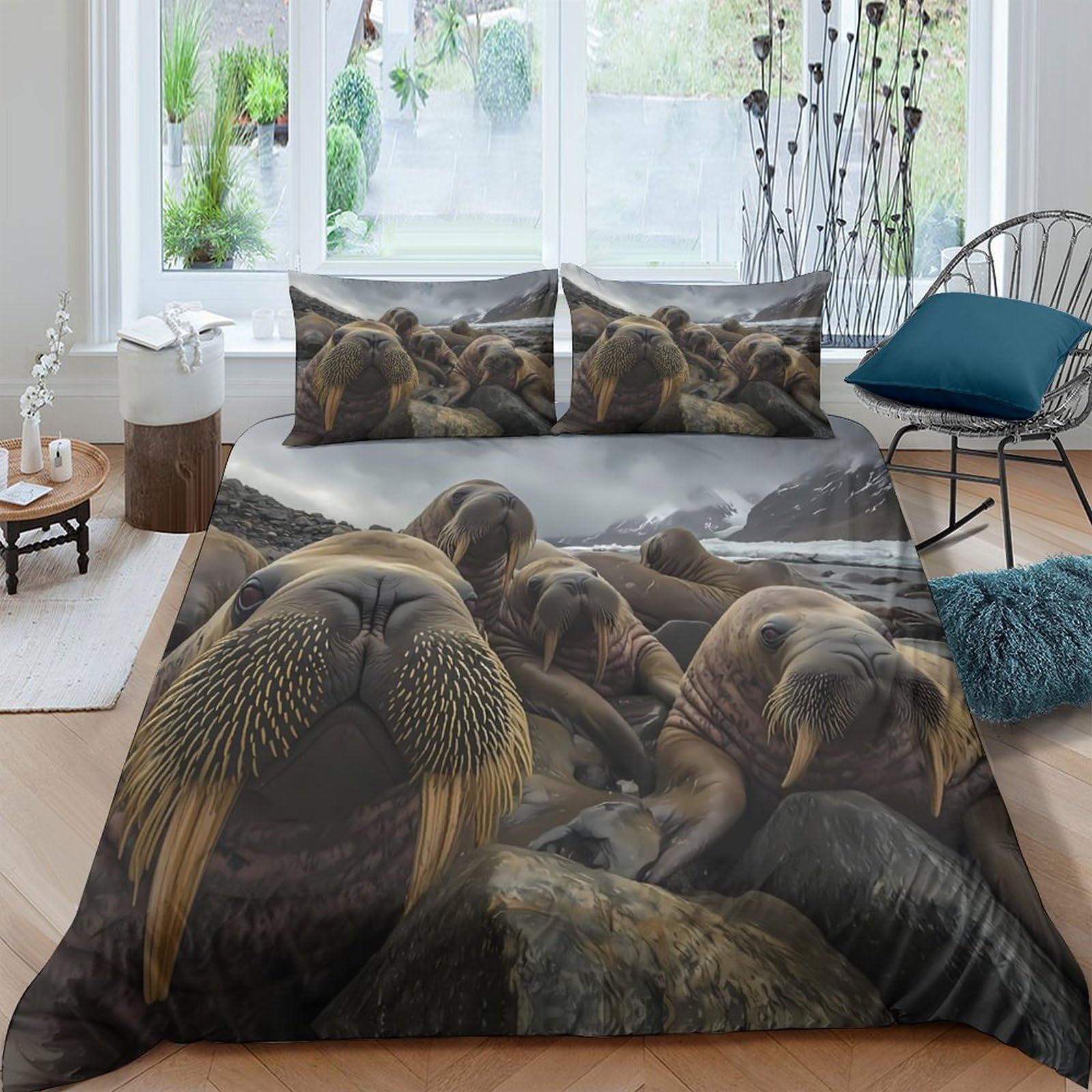 GPLZQXKJNH 3D Printed Walrus Ocean Duvet Cover Microfiber Soft Breathable Wildlife Bedding Set with 2 Pillowcases for Bedroom Decor Single（135x200cm）