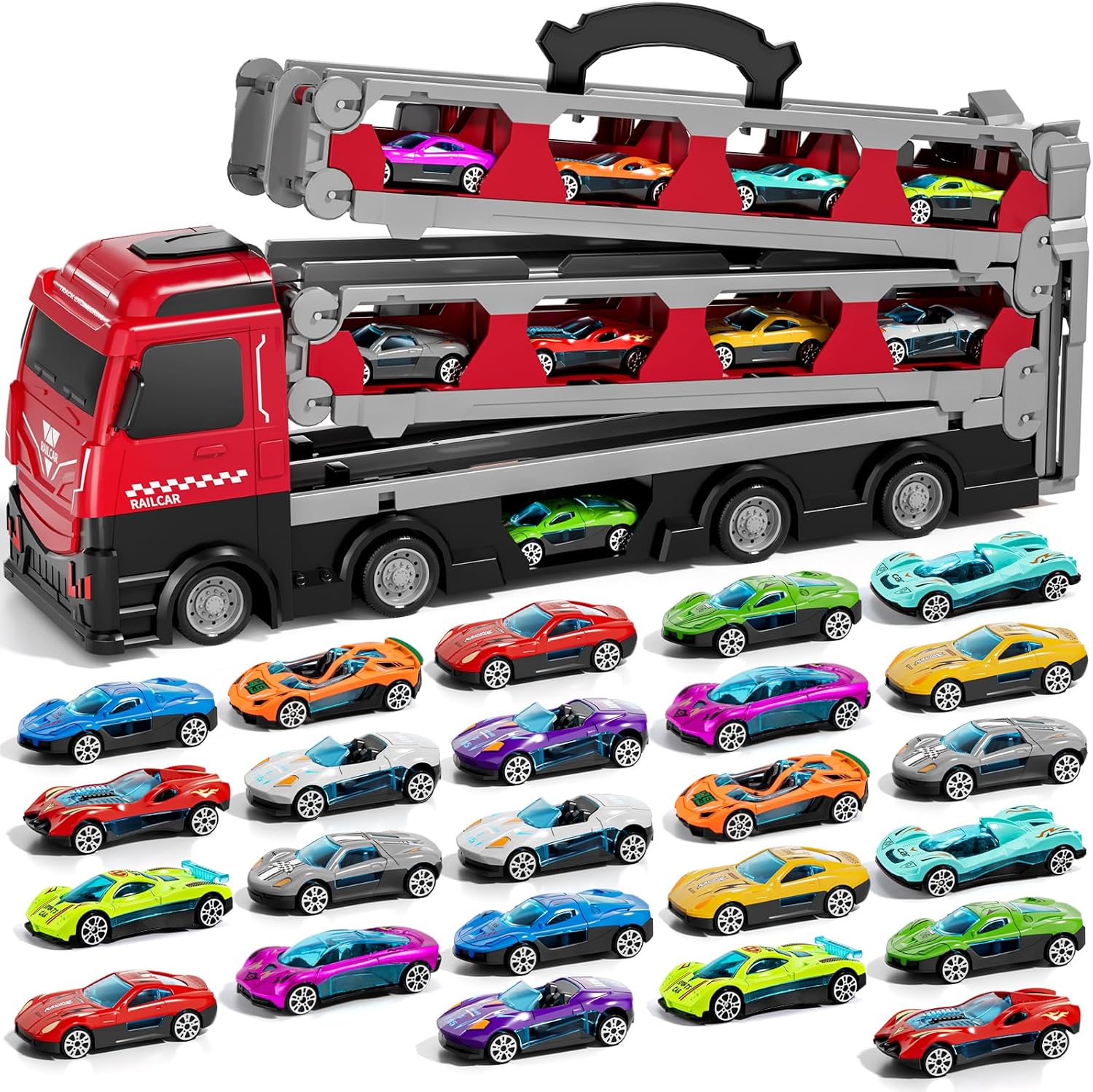 Product image of IHAHA 78 inches Transport Truck with 24pcs Die-Cast Cars Toys, Cars Toddler Toys Gifts for 2-7 Years Old Boys & Girls, Blue Modern Truck Toys