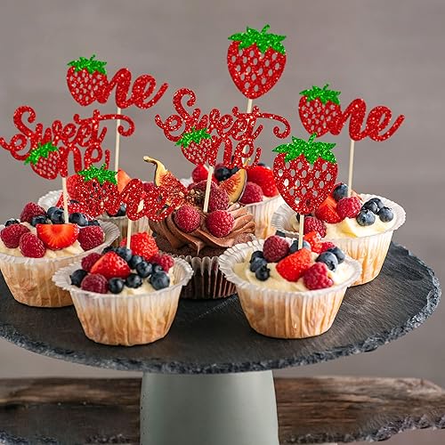 Miniatura 4 de Gyufise 24 piezas de decoración para cupcakes con purpurina para el primer cumpleaños de fresa para temática de frutas, baby shower, niños, primer
