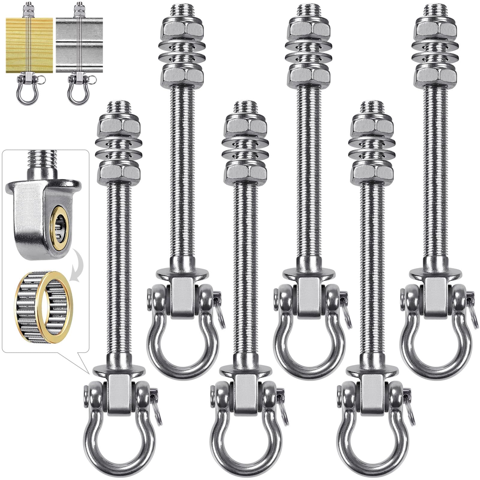 Dolibest 6pcs Swing Hanger with Bearing, 225mm Heavy Duty Hammock Hook M10 Hanging Chair Screw Eye Bolt Swivel Ceiling Beam Mounting Bracket for Yoga Rope/Aerial Hoop/Punching Bag/Sandbag, 1500lbs — image 1