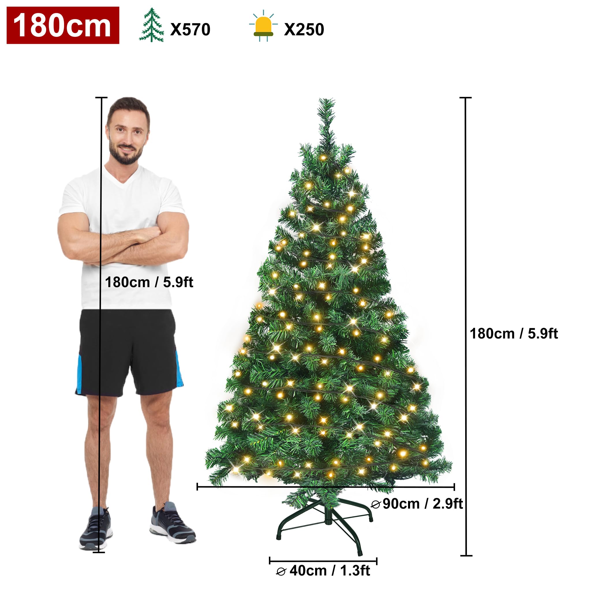 LARS360 Sztuczna choinka z oświetleniem, 180 cm PVC LED sztuczna choinka choinka, sztuczna choinka z 570 gałązkami (180 cm 250 świateł)