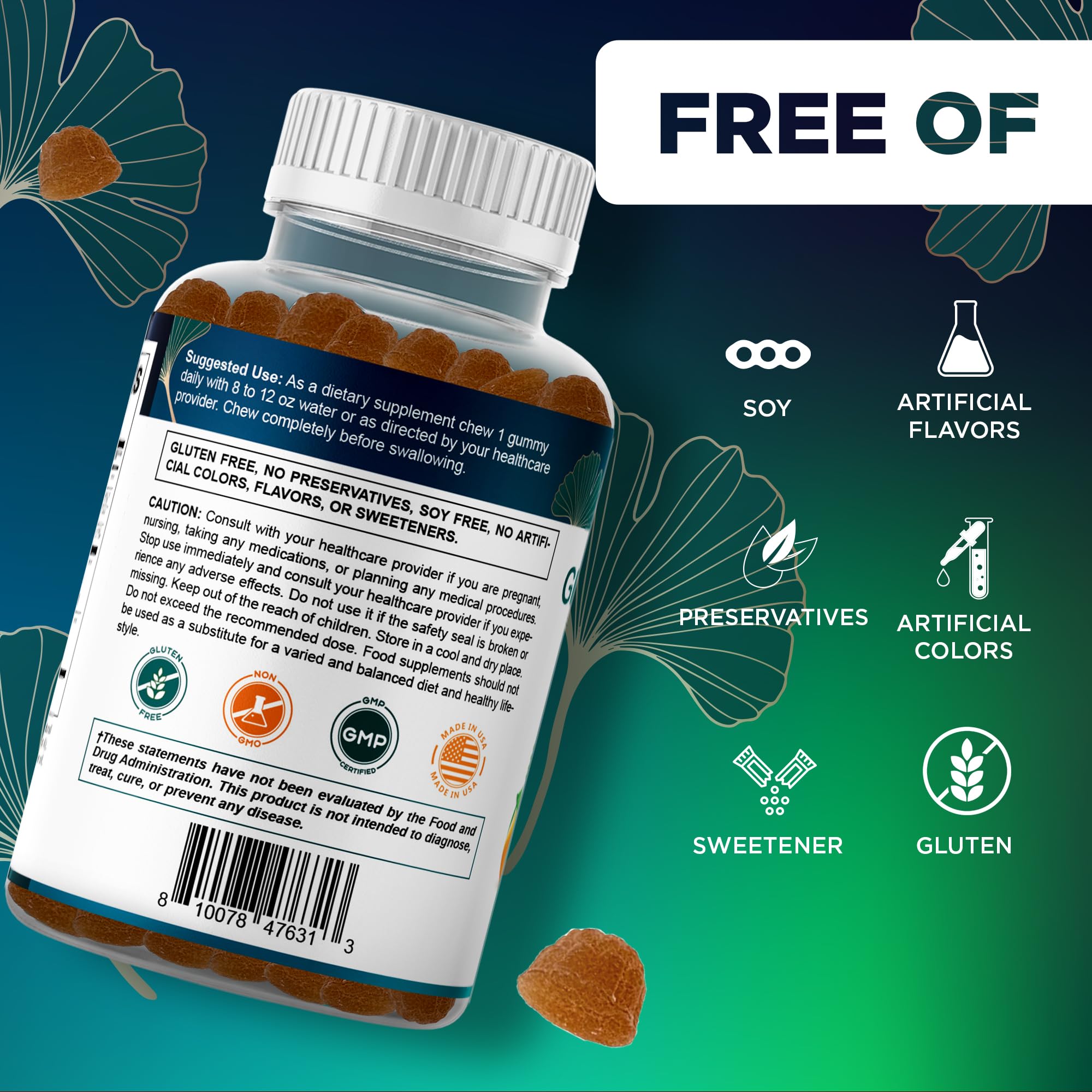 Vitamatic Ginkgo Biloba & Bacopa Gummies – Plant-Based Botanical Extract – Natural Peach Flavor – Vegan, Non-GMO, Gluten-Free – Herbal Supplement – 60 Count — Amazon image 6