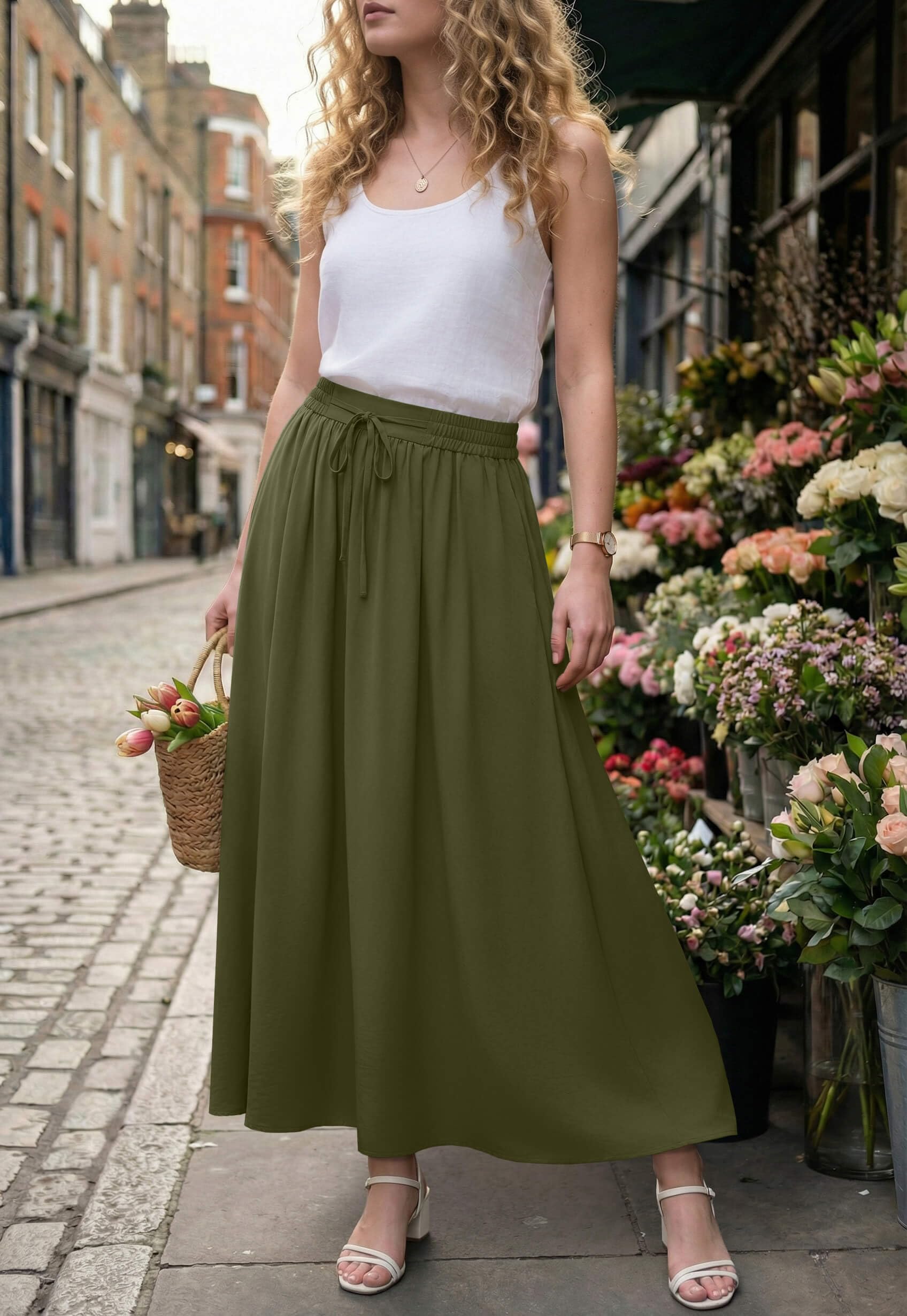 GRECERELLE Damska spódnica letnia, długa spódnica w stylu boho, linia A, elegancka spódnica maxi, sukienka plażowa, długa spódnica z kieszenią, lekka i przewiewna