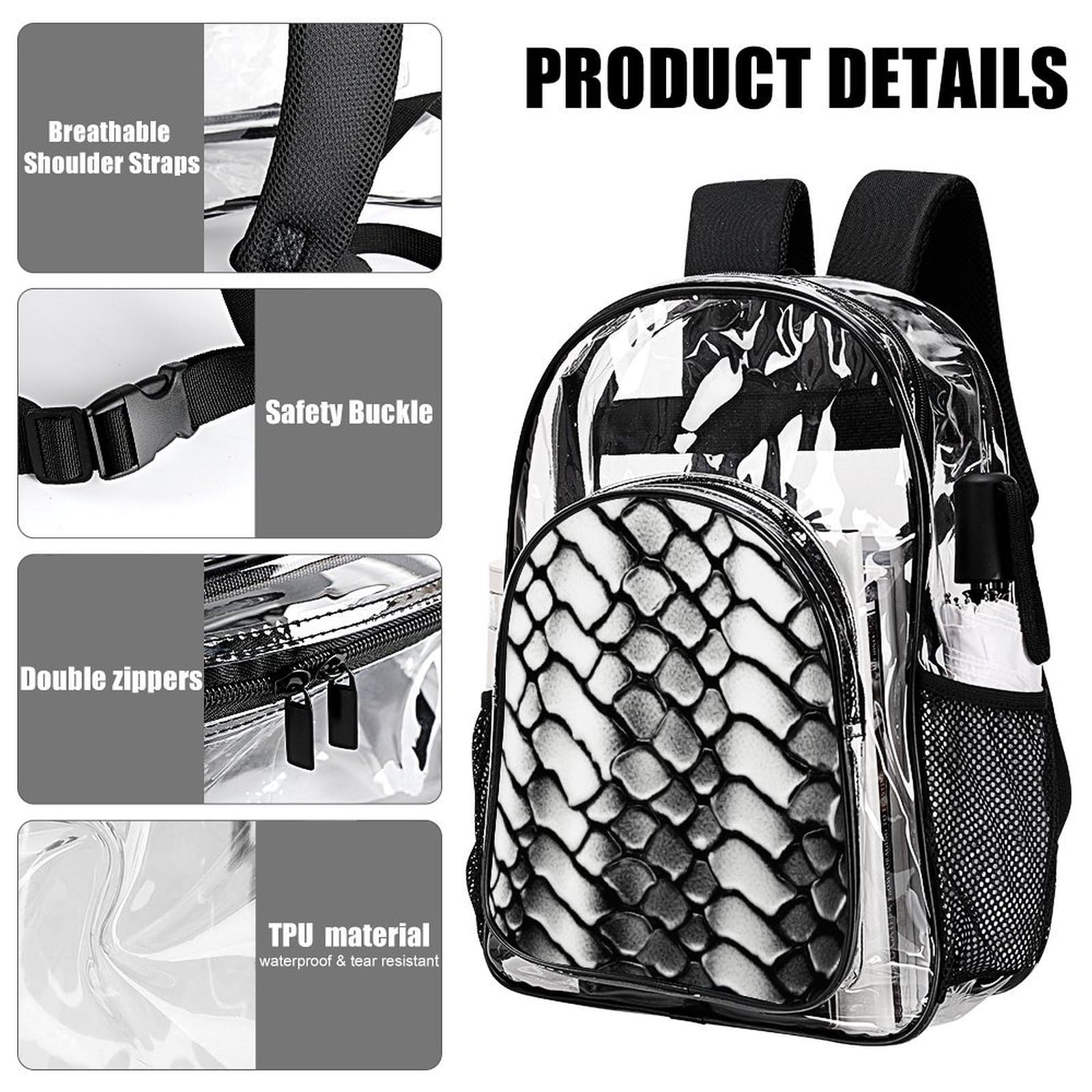 Transparenter Rucksack, Schlangenhaut-Optik, groß, transparent, PVC, Büchertasche für Sicherheit, Arbeit, Reisen, Stadion, Schwarz und Weiß