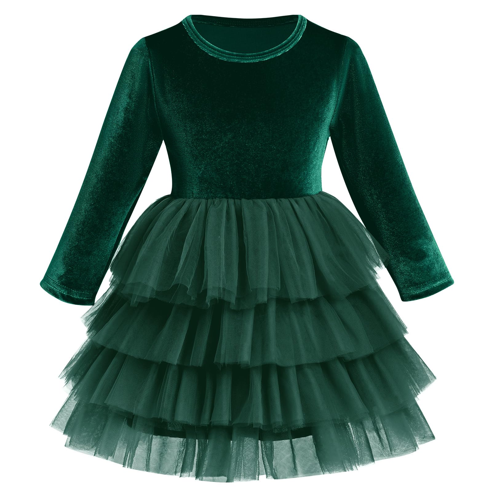 IKADEX Kids Baby Girls Long Sleeve Velvet Tulle Tutu Dress Fall Winter Birthday Christmas Party Dress Dark Green 5-6 Years
