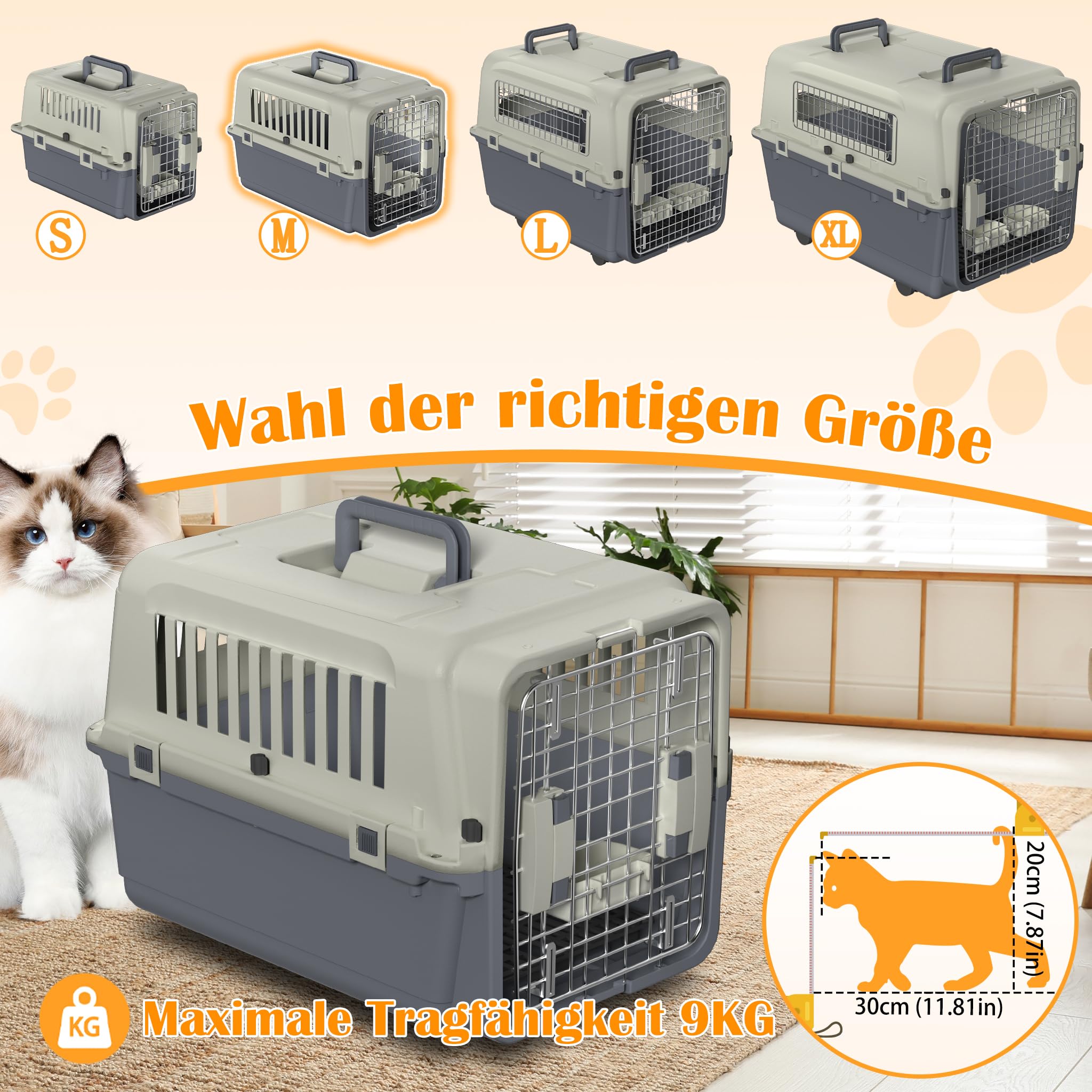 NAIZY Transportbox Hund, 60x39.5x44cm Hundtransportbox Reise & Transport Flugzeugbox mit Metall Tür und Lüftungsschlitze Fenster Hundbox Belastbar bis 9KG inkl. Pinkelpads Fressnäpfe Griff