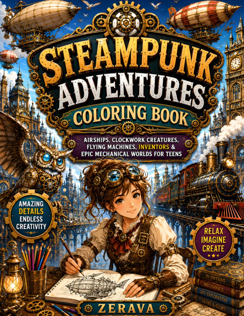 Steampunk Adventures Coloring Book: Airships, Clockwork Creatures, Flying Machines, Inventors & Epic Mechanical Worlds for Teens