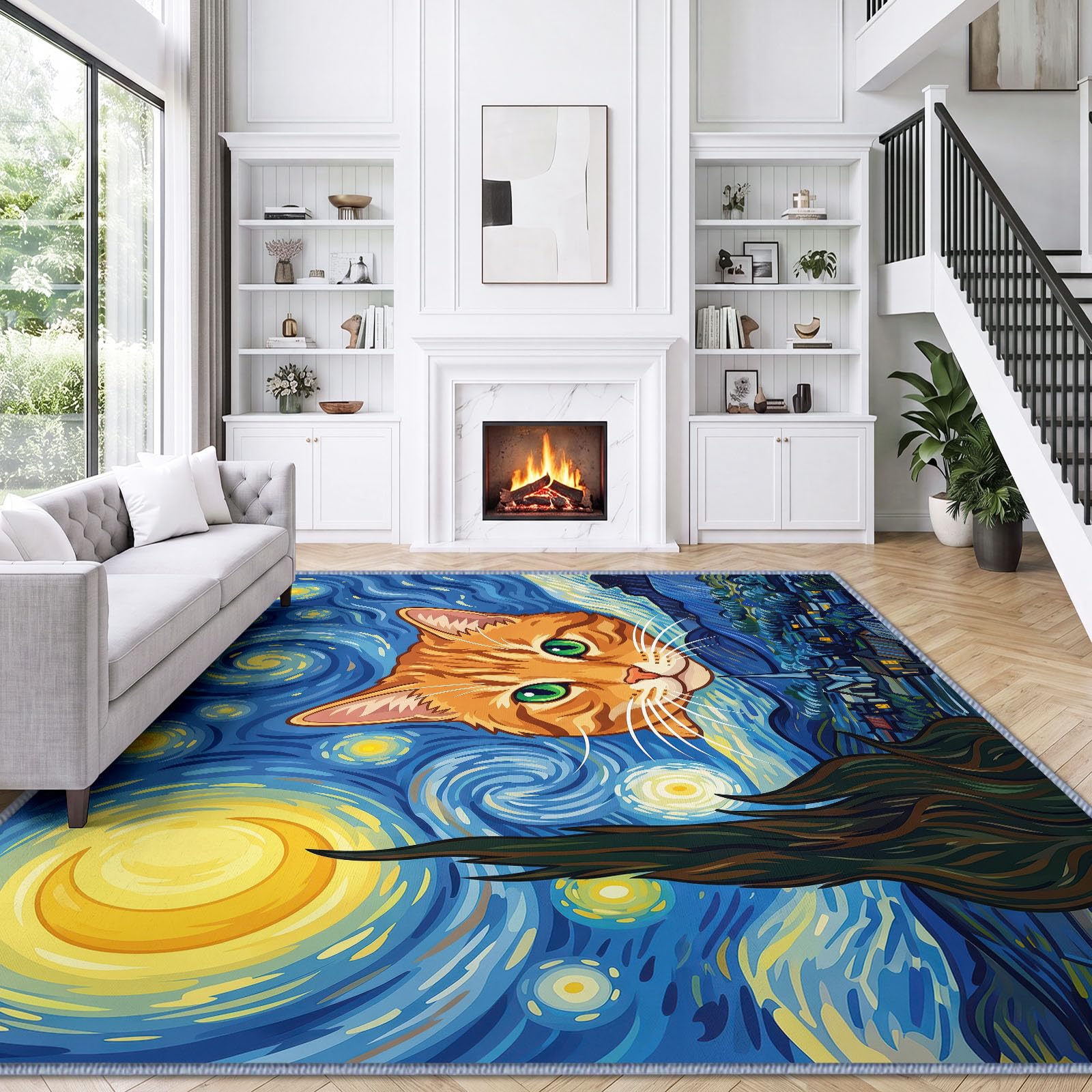 Tapis de Salon Lavable en Machine 160 x 230 cm, Peinture À L'Huile Animaux Chat Ciel Étoilé Tapis Chambre, Antidérapant, Poils Courts, Douce, Adapté à L'aspirateur pour Entree Interieur, Couloir, Bleu