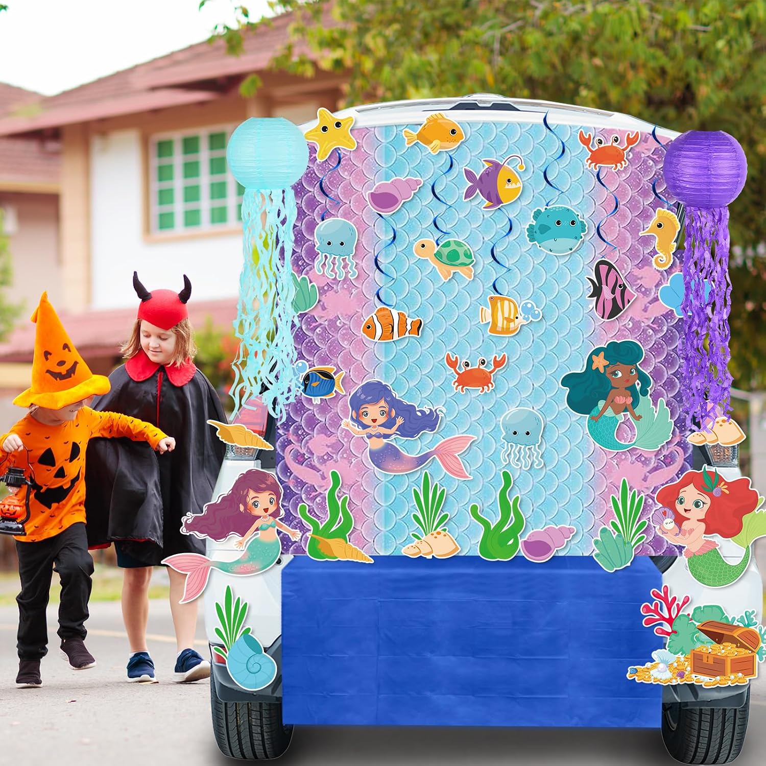 Naozinebi 41 Pcs Halloween Trunk or Treat Car Decorations Mermaid Trunk or Treat Car Outdoor Decoration Ocean Sea Animal Car Trunk for Car Archway Garage Door Haunted House Party Decor