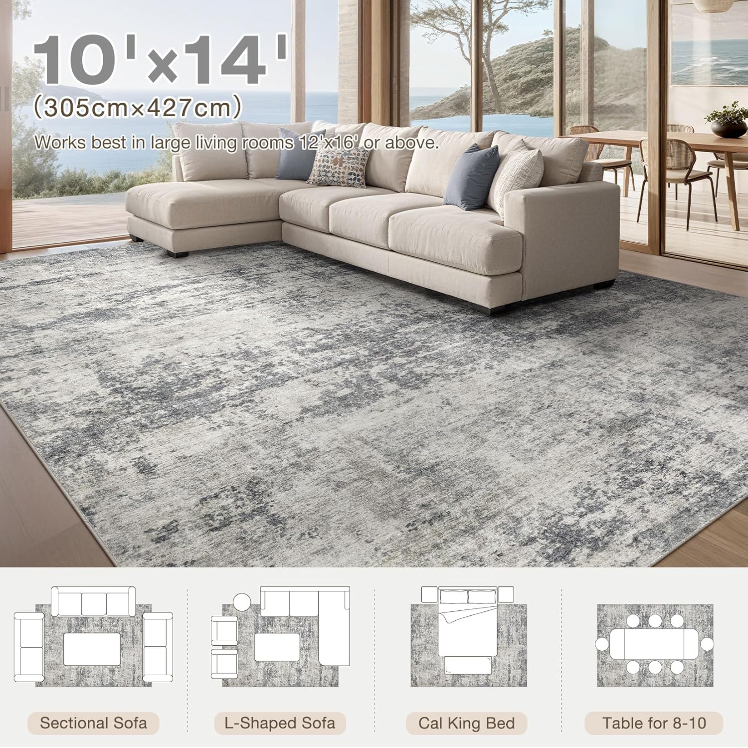 Washable Rug 10x14 Area Rugs for Living Room: Modern Abstract Neutral Soft Carpet for Bedroom Dining Room Under Kitchen Table Home Office Decor - Dark Grey/Beige Beige & Dark Grey 10' x 14' (Rectangular)