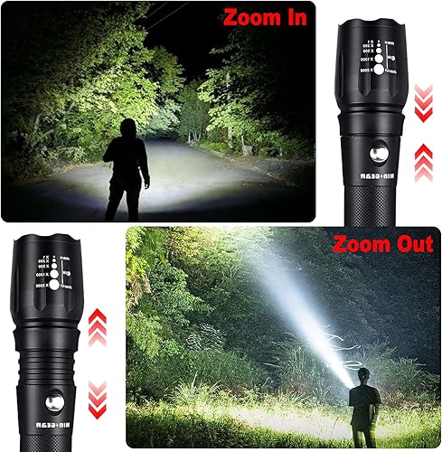 Miniatura 7 de Paquete de 2 linternas tácticas LED, linternas superbrillantes de 1000 lúmenes, luz de flash de mano de alta intensidad con 5 modos, enfoque