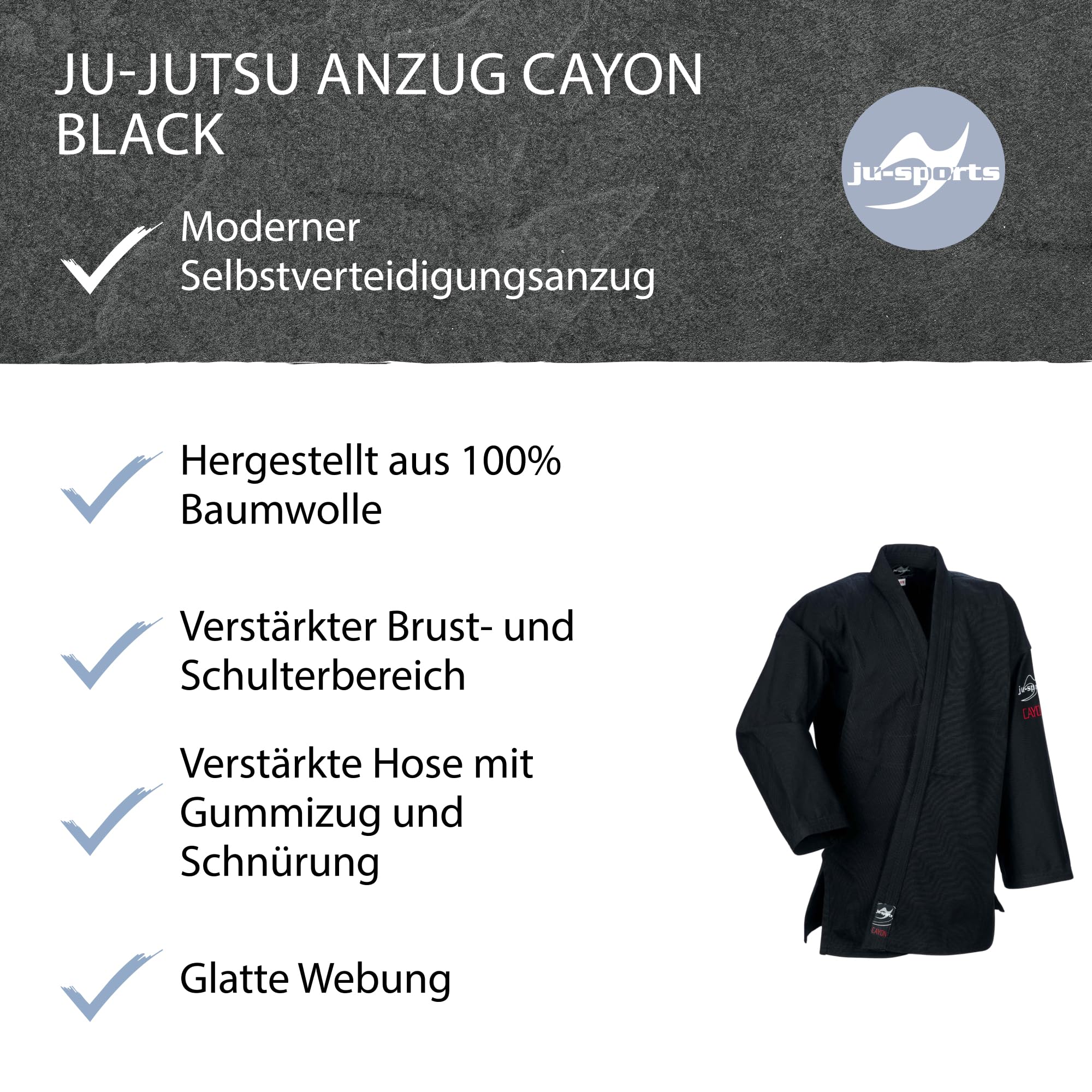 Ju-Sports Jujutsu Anzug Cayon schwarz - Moderner Gi für Erwachsene & Kinder 100% Baumwolle, Robuster Stoff, Doppelt verstärkter Brust- & Schulterbereich