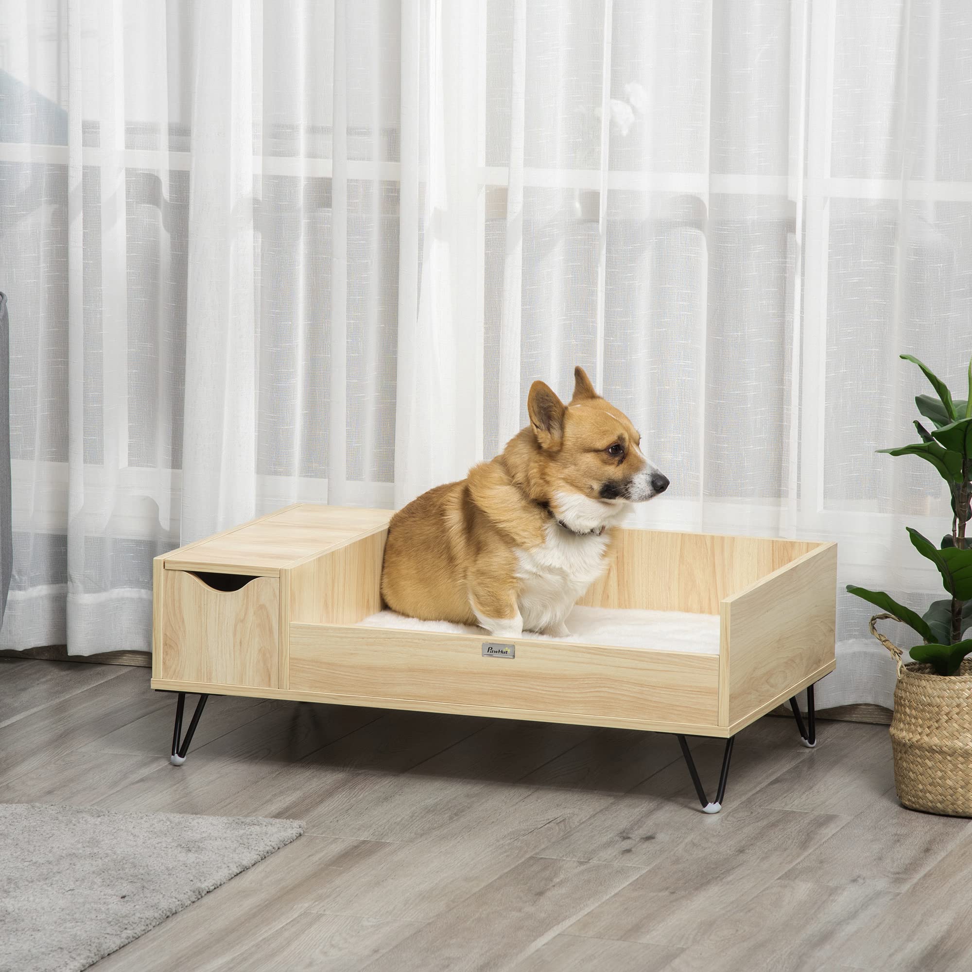 PawHut Canapé lit Panier surélevé pour Chien et Chat avec Coussin Moelleux et Rangement Housse Lavable, Pieds en Acier Aspect Bois Clair