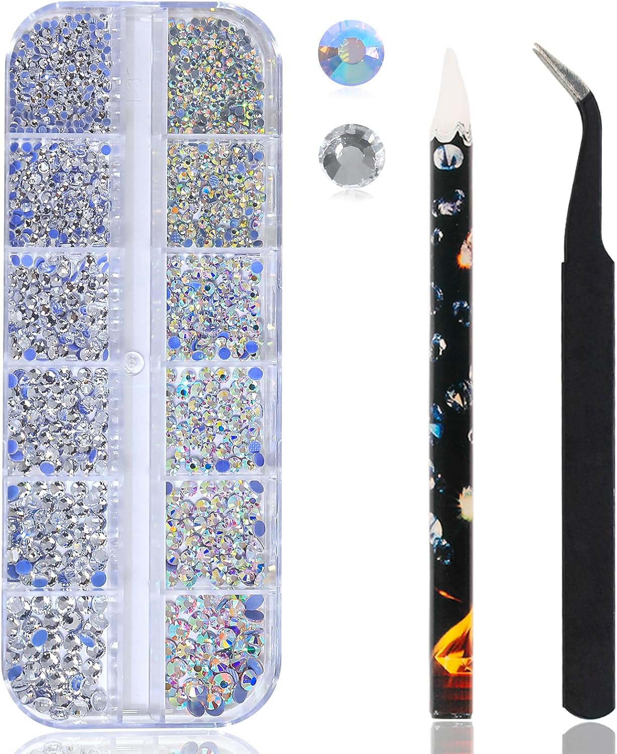Nail Rhinestones Set - 3D Round Multi Size Crystal, Hotfix, ab Nail Gems, Flatback, with Kit, for Nail Art, DIY Decorations 6 Sizes (1.5-4mm)