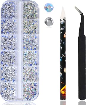 Nail Rhinestones Set - 3D Round Multi Size Crystal, Hotfix, ab Nail Gems, Flatback, with Kit, for Nail Art, DIY Decorations 6 Sizes 1.5-4mm