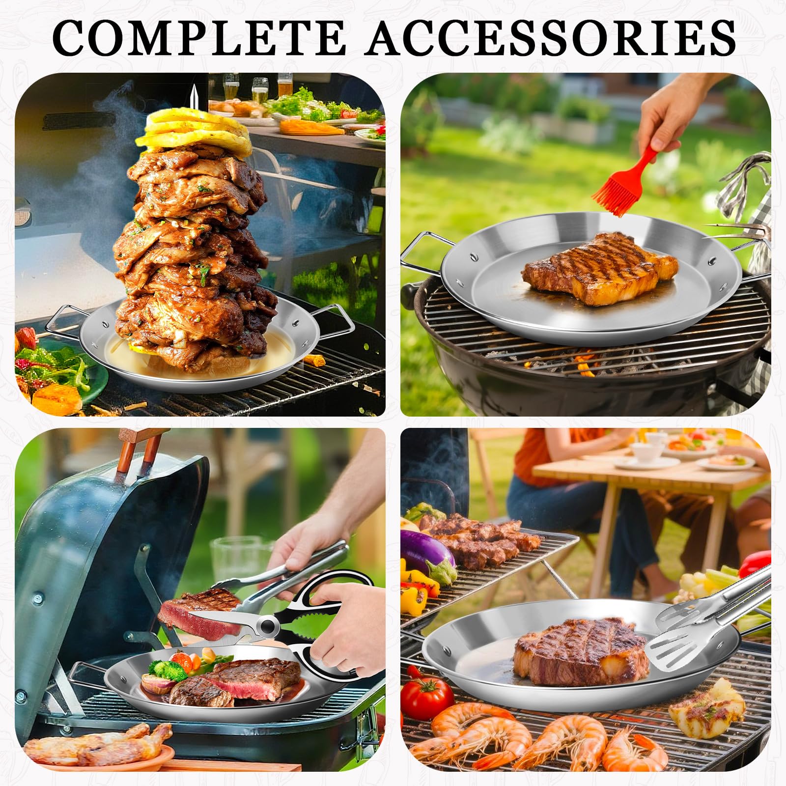 Al Pastor Skewer for Grill, Stainless Steel Vertical Skewer with 10 Inch Base Pan, 5 Replacement Spikes, 1 Brush, 1 Clip, 1 Scissors, for Steak, Chicken, Fish, Turkey Kebab — view 4