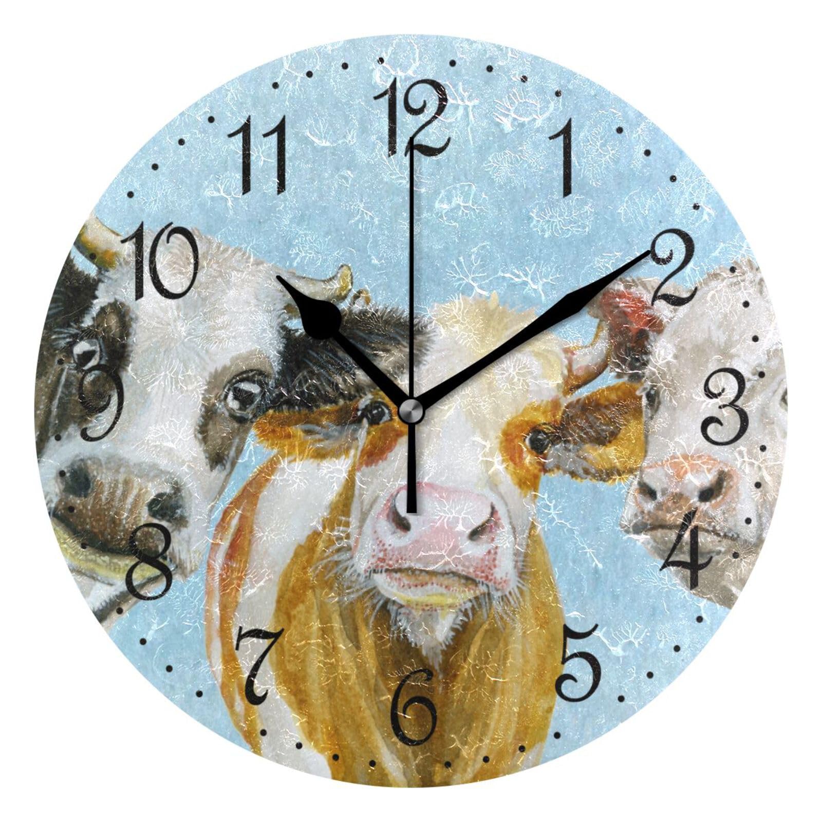 Mnsruu Wall Clock Dairy Cow Beef Cute Farm Cattle Calf Vintage, Silent Non-Ticking Decorative Wall Clocks Battery Operated 25x25cm