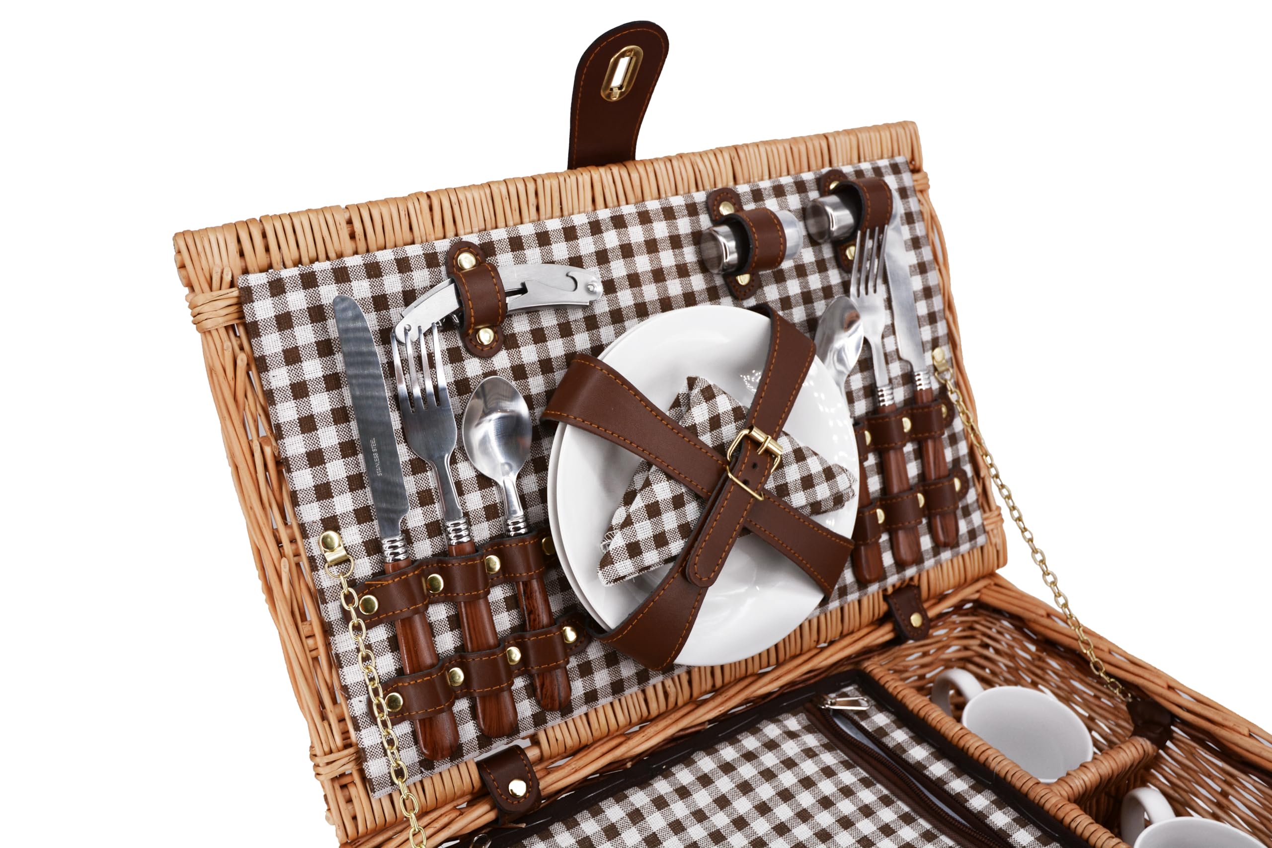 Les Jardins de la Comtesse - Cesto Picnic Mont-Blanc - 2 Persone - Marrone - Completo di scomparto isotermico - Stoviglie incluse - Tazze in ceramica - 43 x 29 x 16 cm