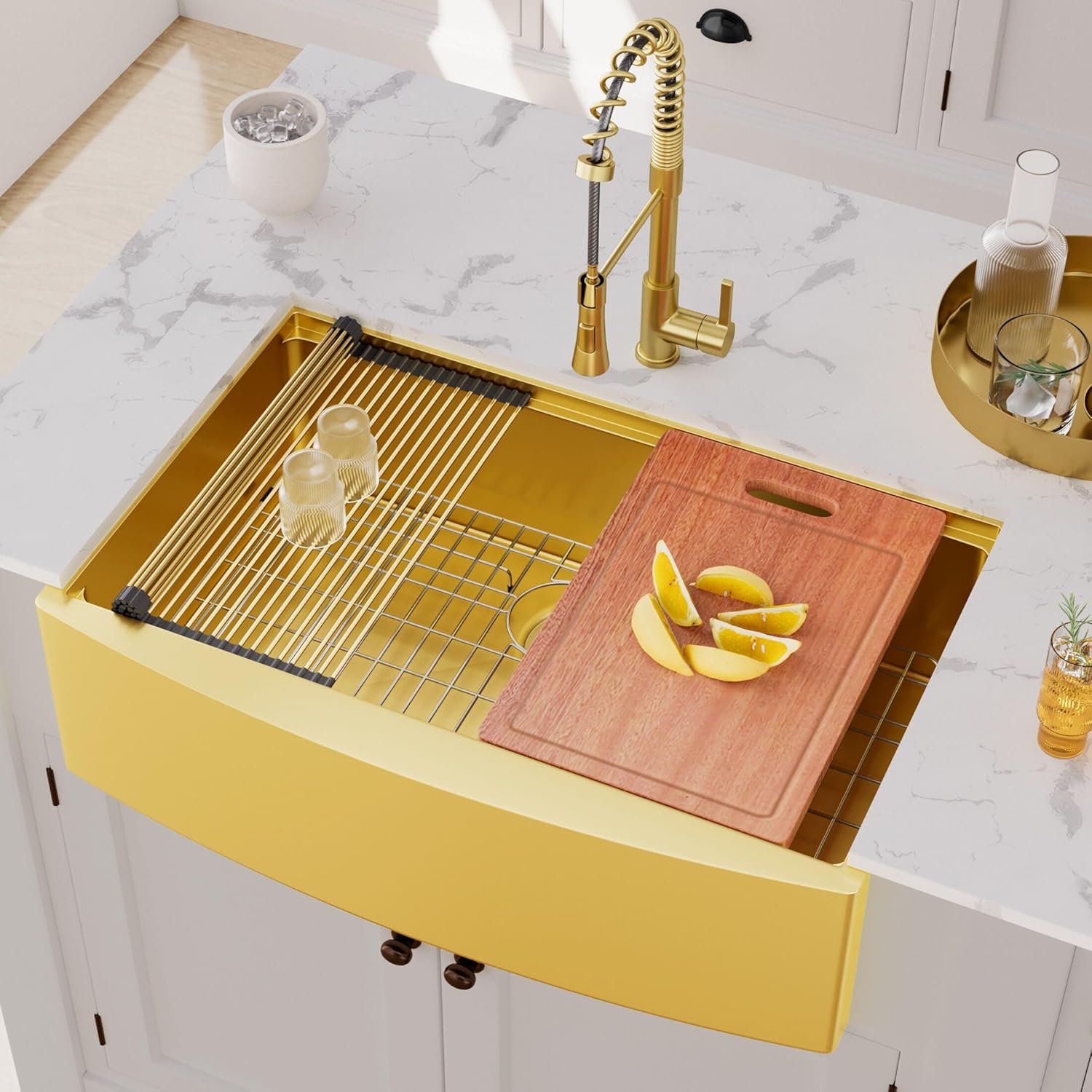 HEARCATE 33 Inch Luxury Gold Farmhouse Sink 16 Gauge Stainless Steel Workstation Undermount Apron Front Gold Kitchen Sink 10 Inch Deep Single Bowl Farm Sink