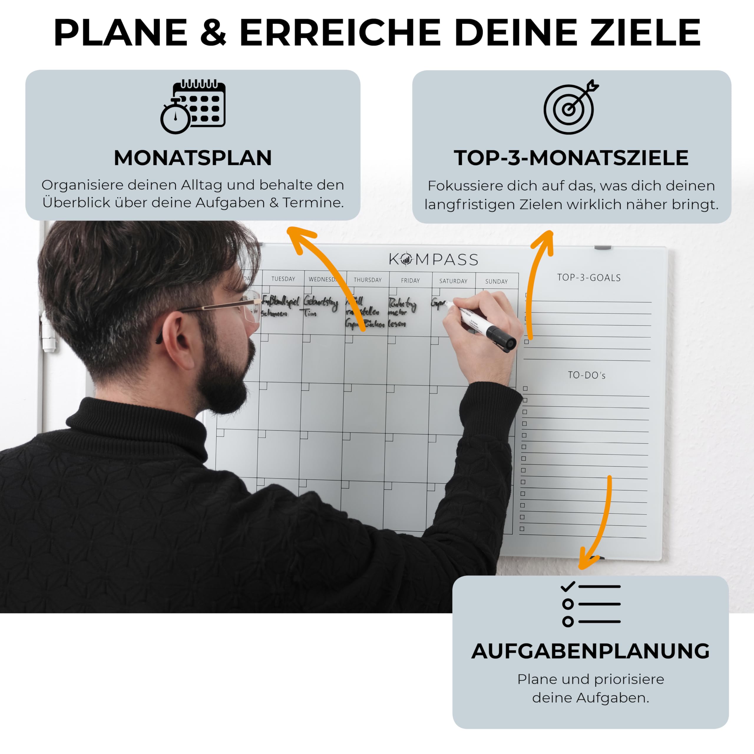 Kompass Monatsplaner | Vision Board | Magnettafel– Abwischbarer Wandplaner für Gewohnheiten, Ziele & Tägliche To Do Planung – Undatiert, Wiederverwendbar-Edles Acryl-Glas Whiteboard, 60 * 40 cm, weiß