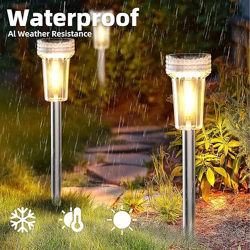Miniatura 5 de DERAYSION Luces solares para exteriores, paquete de 8 luces solares impermeables para jardín, poste de acero inoxidable con forma de estallido de