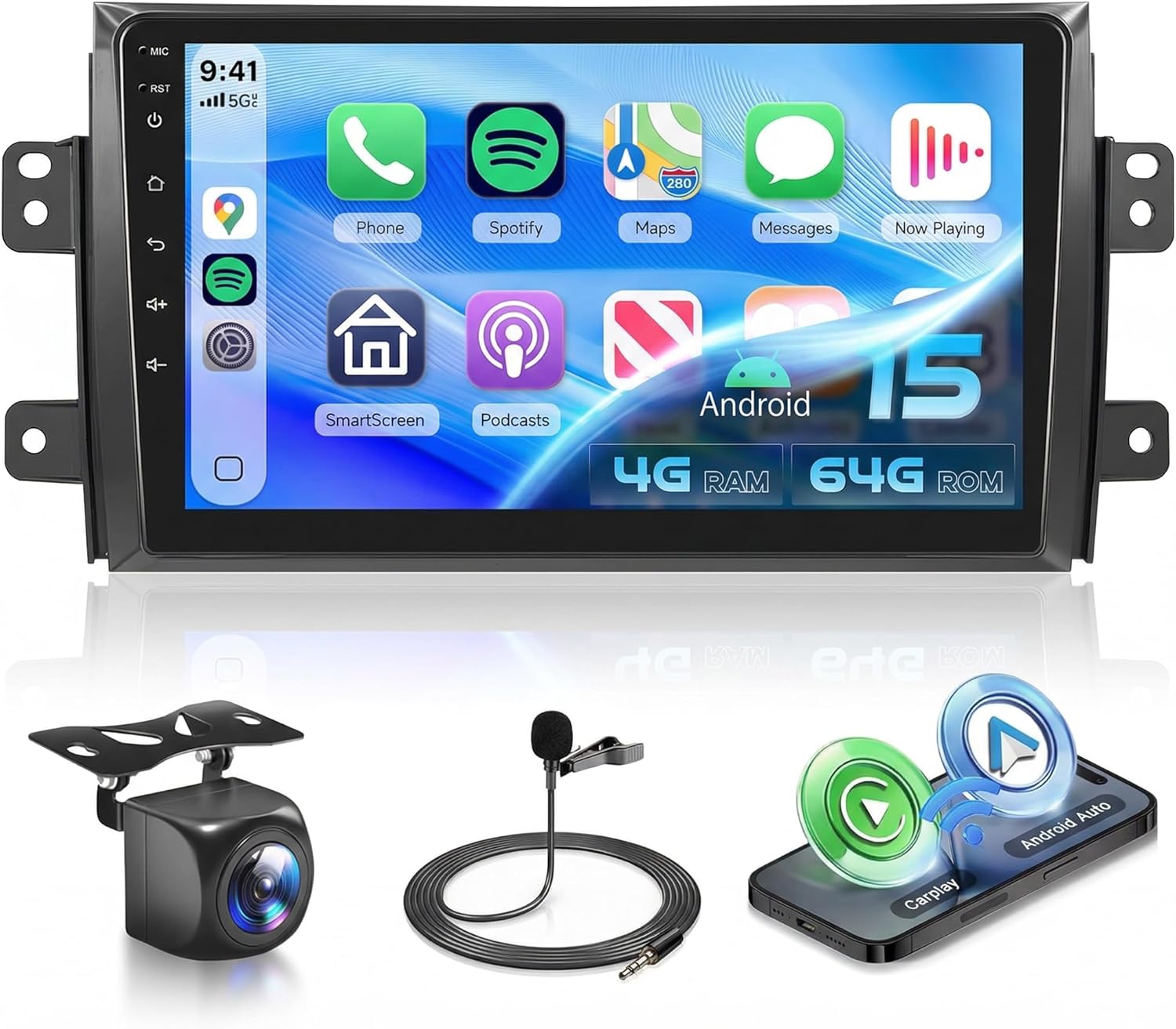 Rimoody 4G+64G Android Car Stereo for Suzuki SX4 2006-2013 with Wireless Carplay Android Auto, 9’’ Touch Screen Car Radio GPS Navigation Bluetooth5.0 Mirror Link 5G-WiFi FM/RDS 32EQ Backup Camera SWC