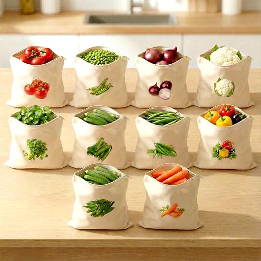 Greenfold Reusable 100% Cotton Vegetable Bags for Fridge | Eco-friendly Produce Storage Bags for Kitchen Organizer | 10 Pc...