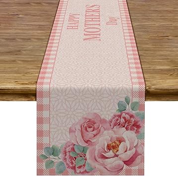 Happy Mothers Day Table Runner Buffalo Plaid Check I Love Mom Pink Floral Farmhouse Party Kitchen Dining Home Decoration