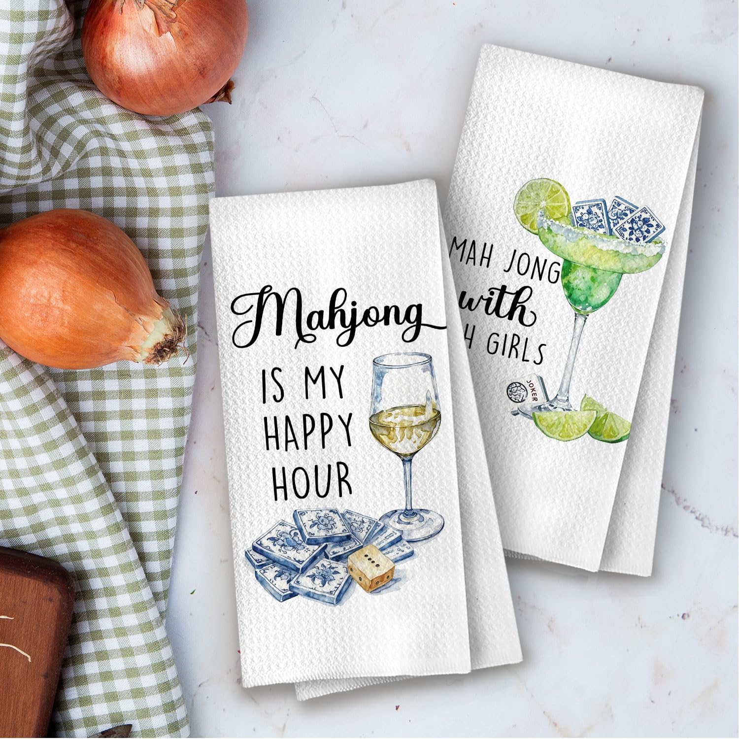 Mahjong Gifts Kitchen Towels Set - Mahjong Wine Decorative Waffle Dish Towels, Chinoiserie Mah Jong Martini Hand Towels, Alcohol Mah Jong Friends Gifts Tea Towel, 16×24 Inches Set of 2