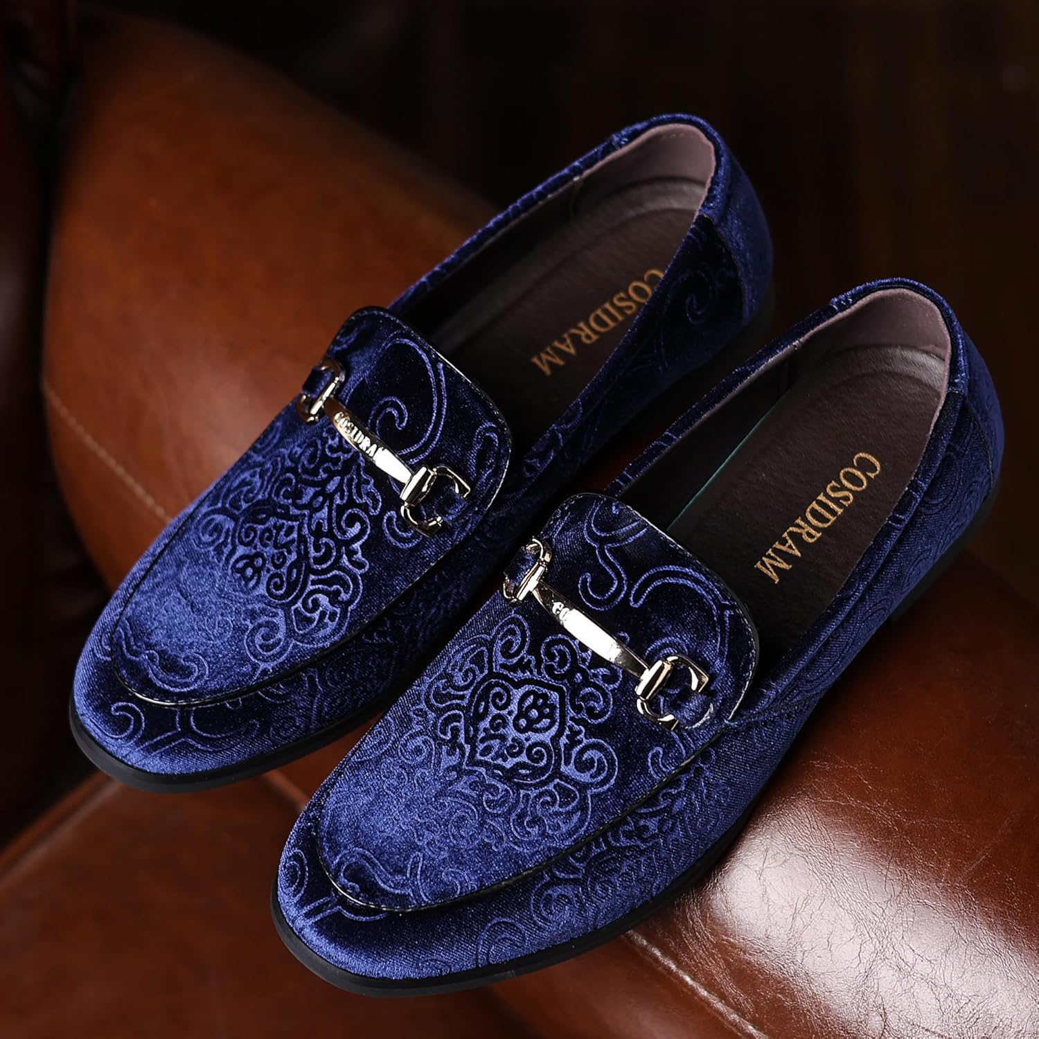 COSIDRAM Men's Velvet Penny Loafers Luxury Vintage Jacquard Pattern Classic Gold Buckle Party Prom Dress Shoes - Image 2