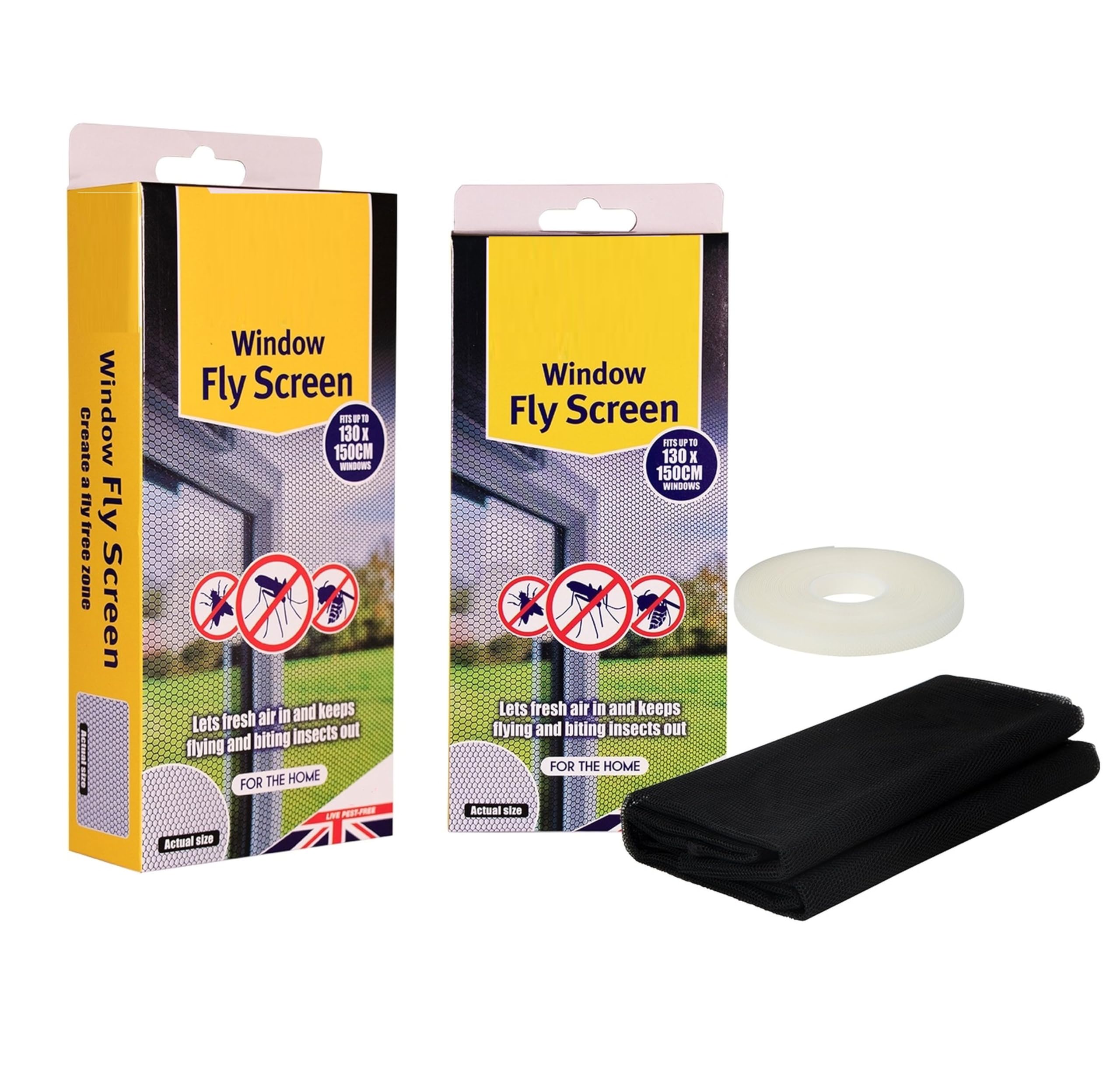 2 x Black Fine Mesh Window Fly Net Screen Mesh Insect Bug Screen Hook & Loop Fastening Tape 150cm x 130cm