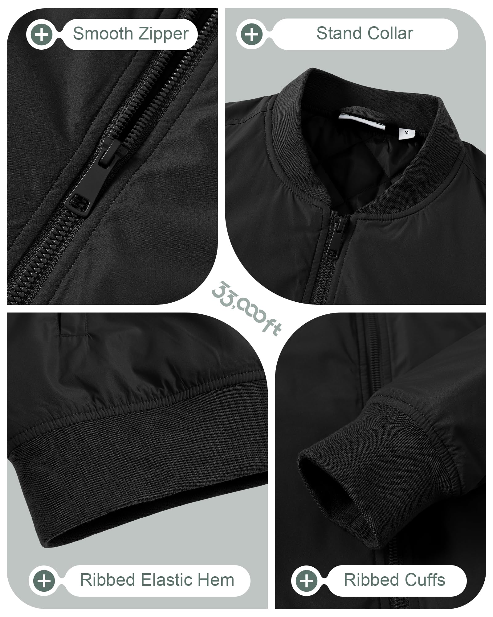 33,000ft Bomberjacke Herren Wasserdichte Winddichte Übergangsjacke Leichte Blousonjacke Fliegerjacke Herbst Winter Jacke mit 4 Taschen