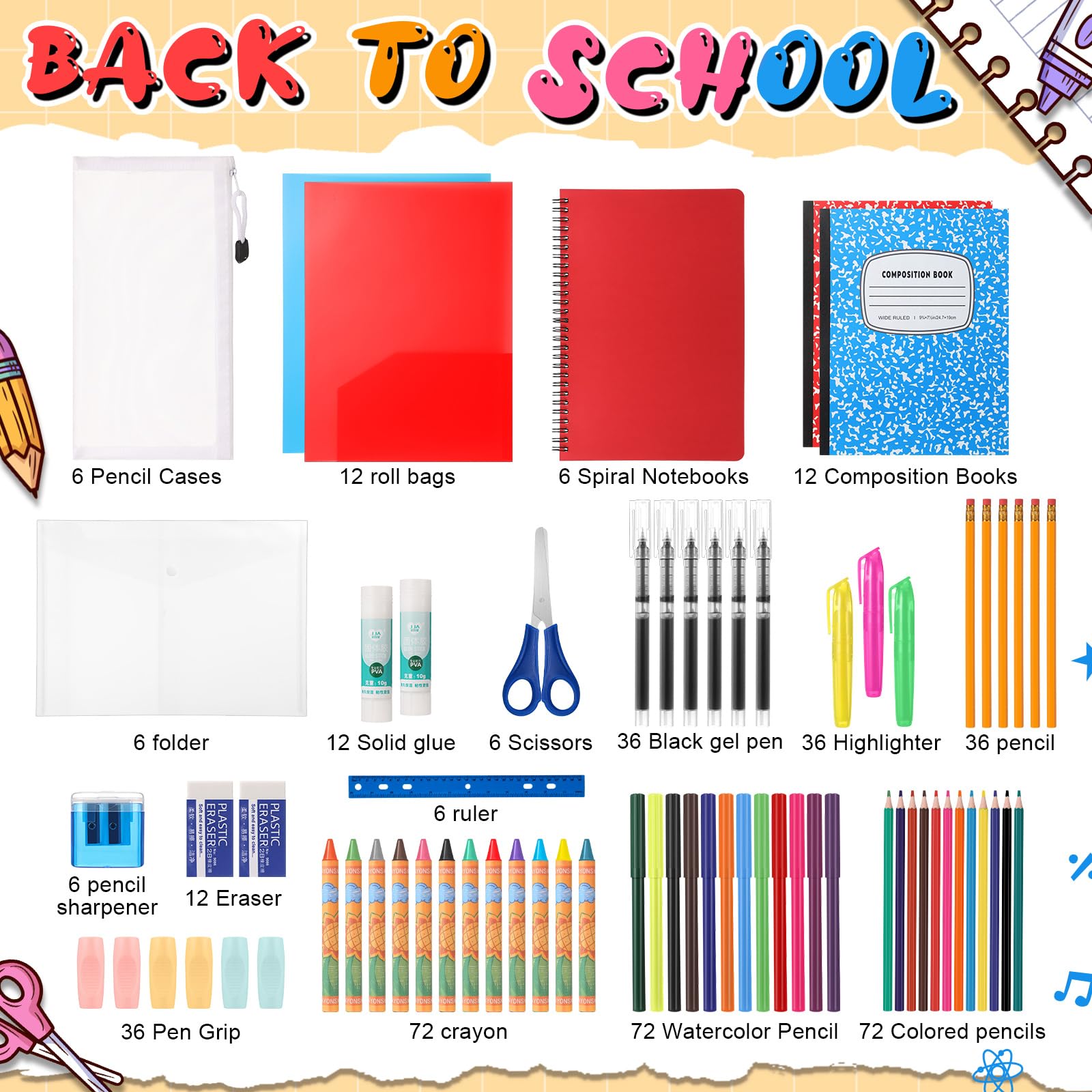 Gilprop Lot de 6 boîtes de 72 fournitures scolaires pour la rentrée scolaire - Essentiels pour enfant, étudiant, fille, garçon, salle de classe (jaune)