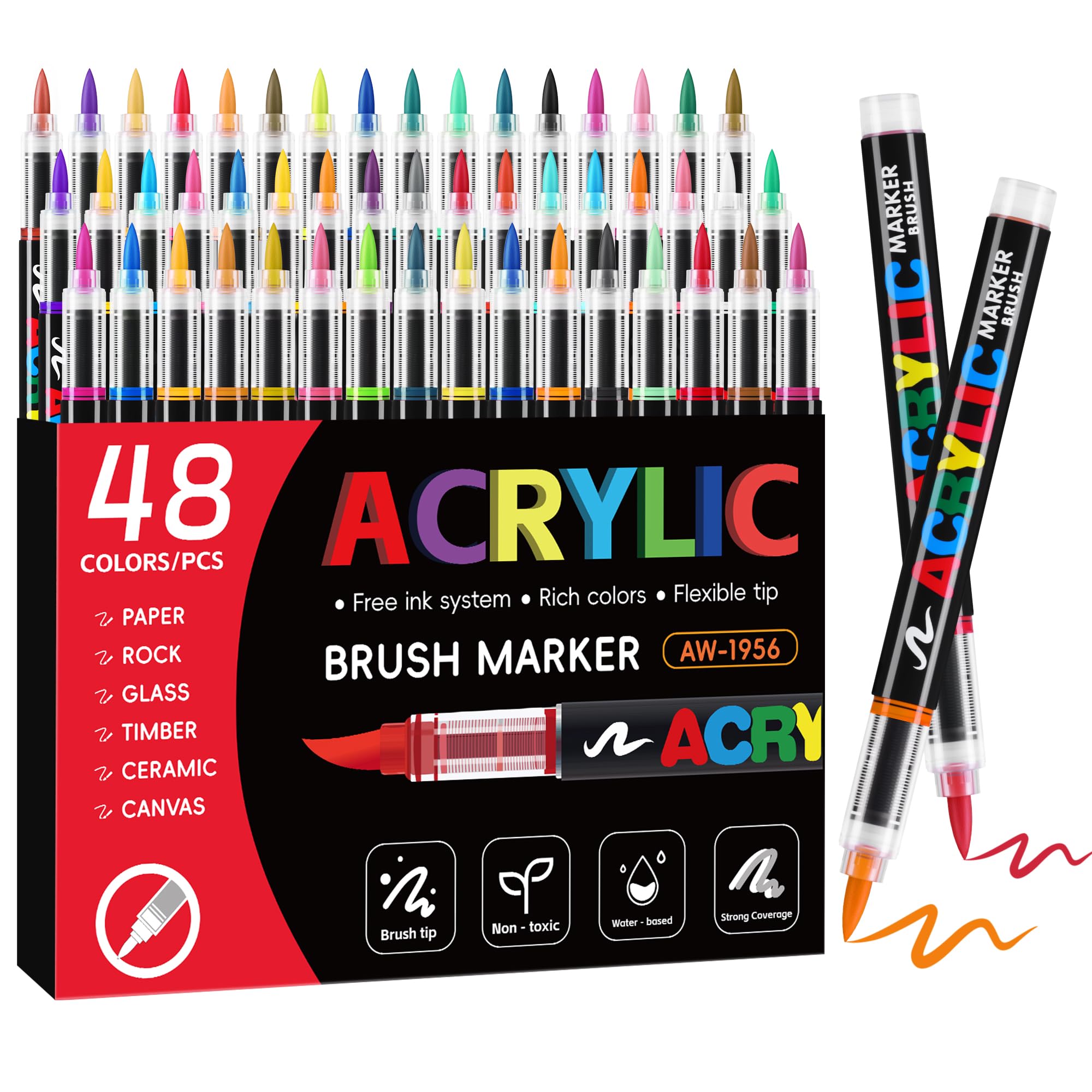 Tongfushop 48 Colors Acrylic Paint Pens, Acrylic Brush Markers with Automatic Ink Control System, Water-Based Art Colouring Pens for Rock Painting, Stone, Ceramic, Metal, Paper, Glass, Fabric, Wood