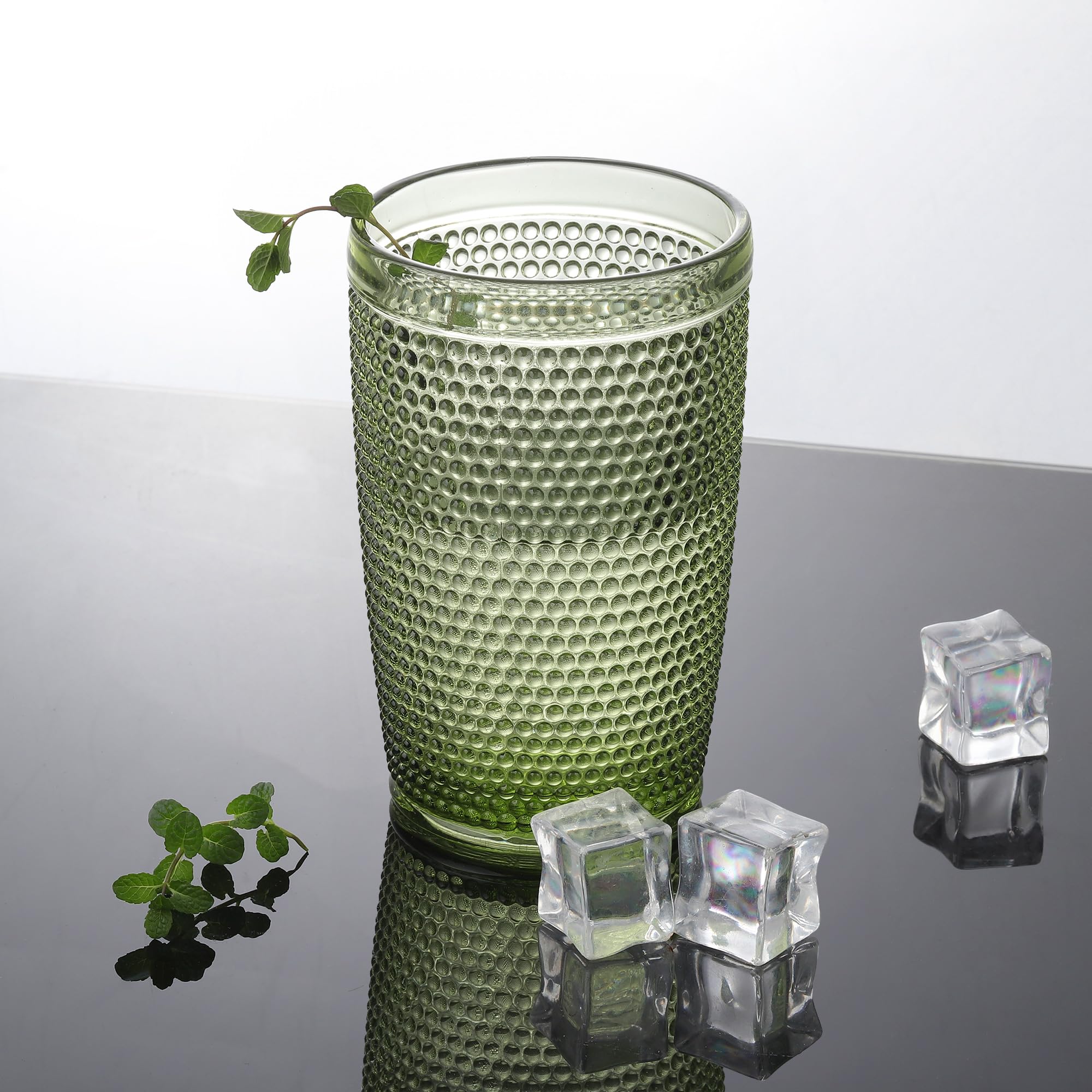 Joeyan Green Highball Drinking Glasses,Embossed Hobnail Beaded Water Glass Cups,Colored Bubble Tumbler Glasses,Glassware Set for Cocktail Soda Juice Beverage,12 oz,Set of 4,Dishwasher Safe