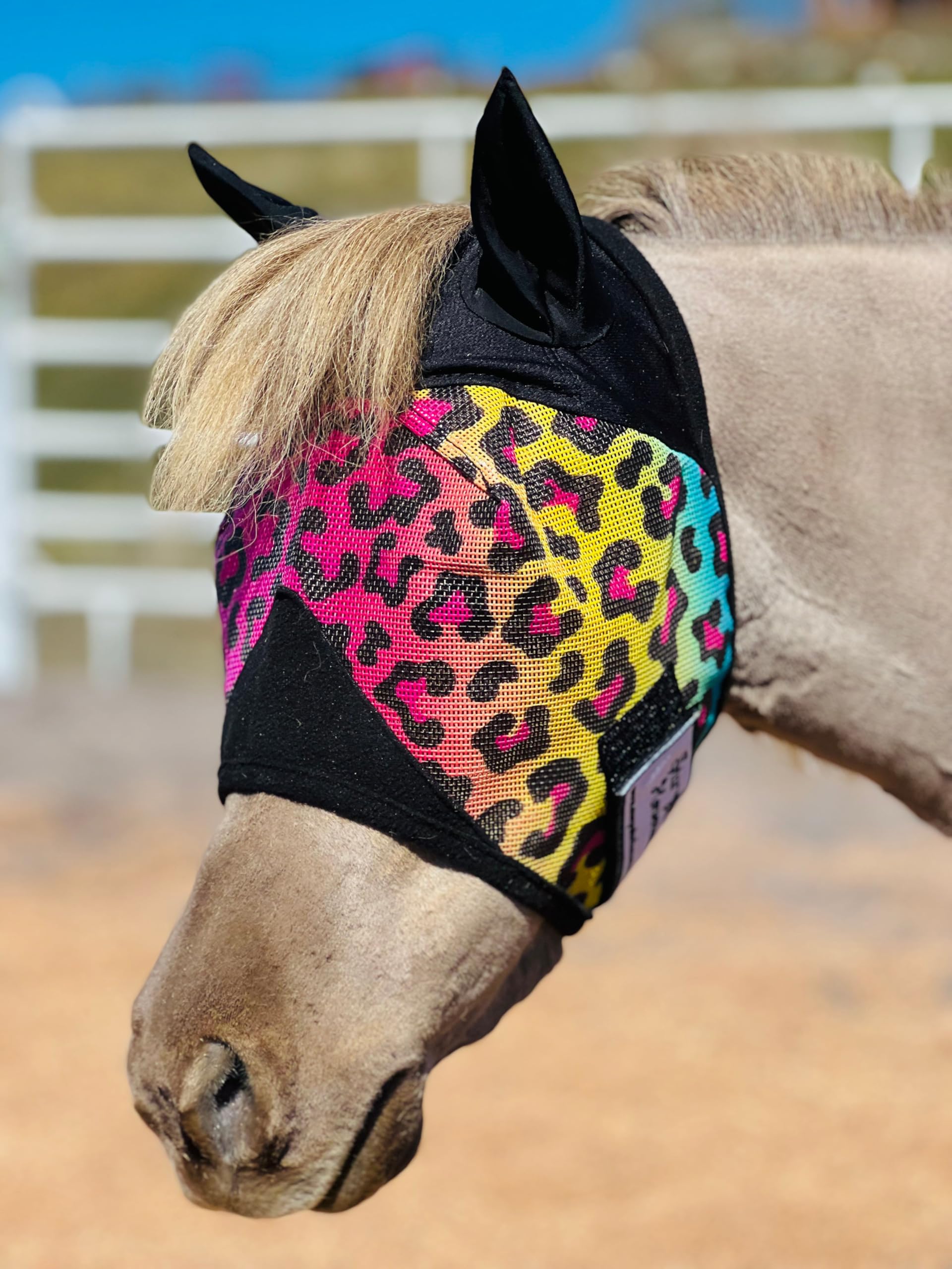Star Point Horsemanship Miniature Horse-Pony No Ear Fly Masks100% Full UV Protection Durable Mesh Highly Comfortable (- Rainbow Cheetah,Small 28-32