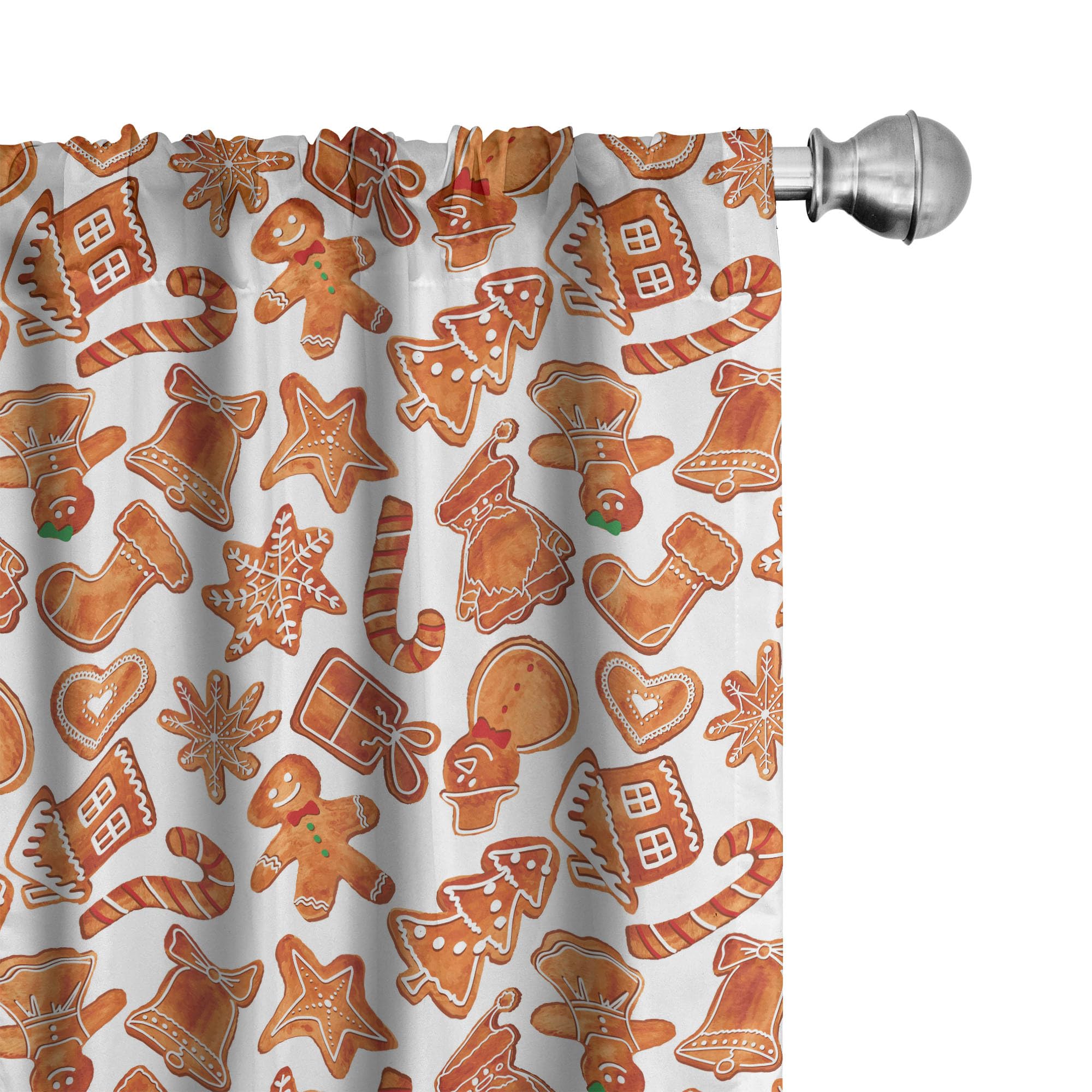 Ambesonne Christmas Window Curtains Pack of 2, Gingerbread Man House Cones Xmas Cookie Celebration Theme, Lightweight Set with Rod Pocket, 4 Panels of - 28" x 63", Pale Brown and White
