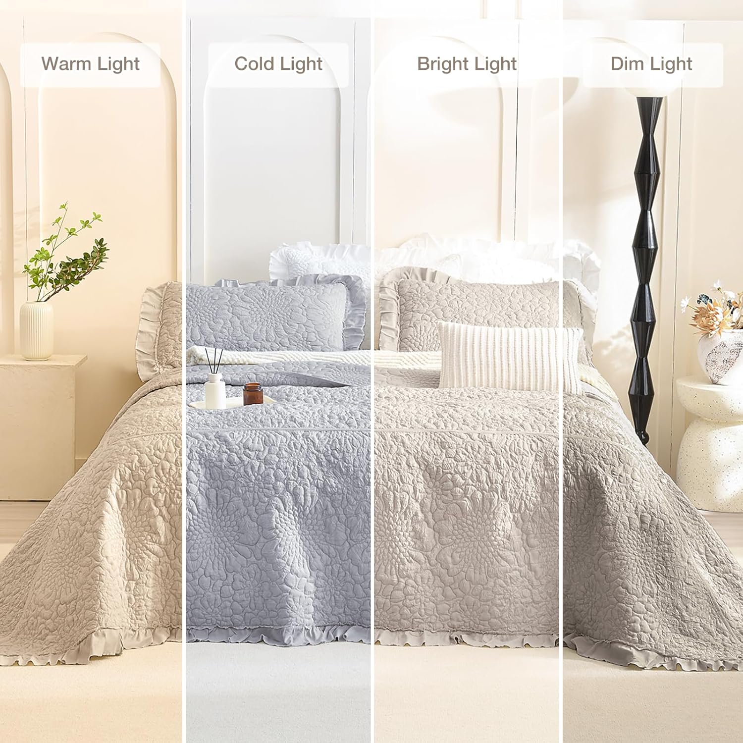 Masaca Oversized King Bedspread 128x120,Linen Colored Ruffled Shabby Boho Chic Quilt Set 3Pcs Soft Lightweight Farmhouse Crinkled Extra Large King Quilt Coverlet Bedding Set