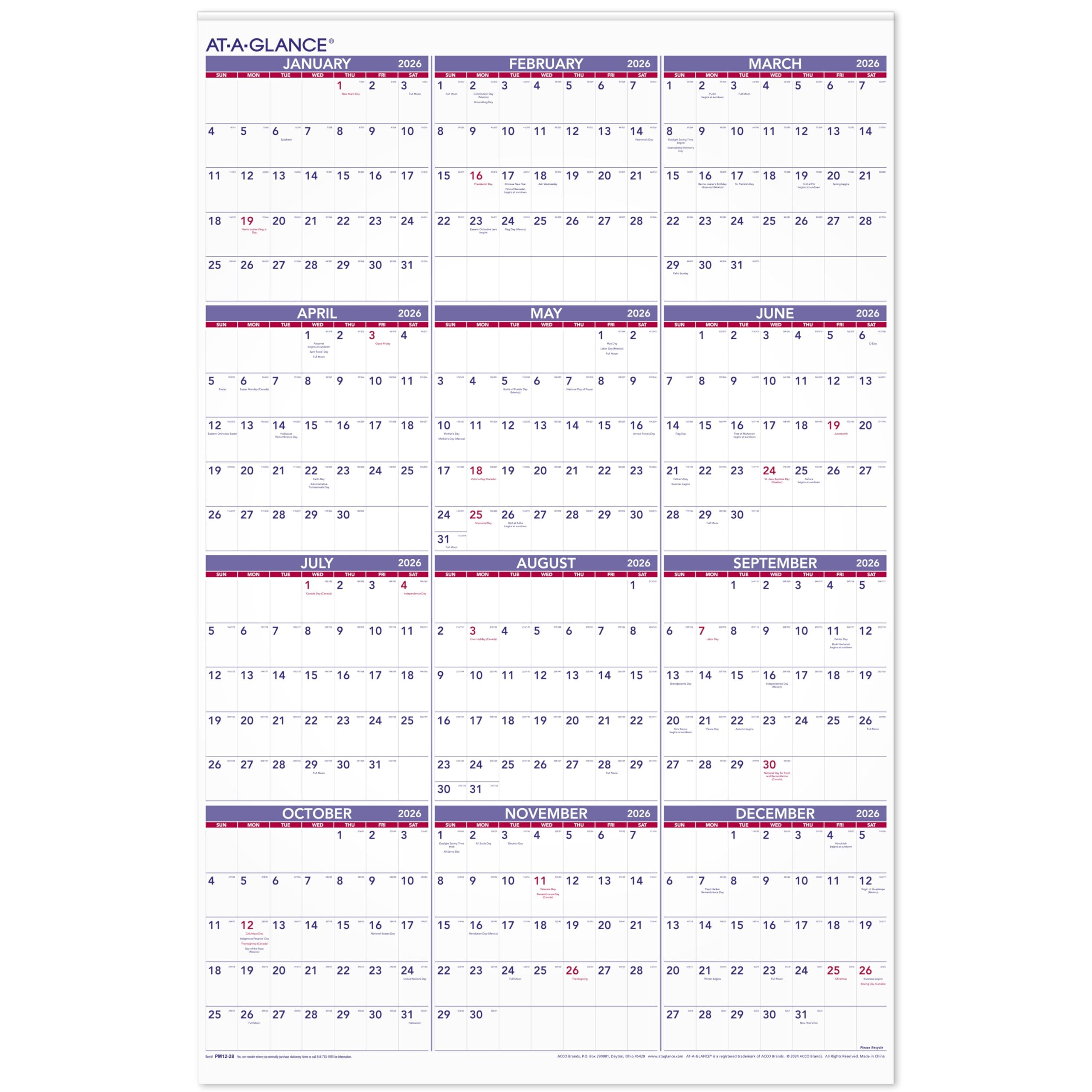 at-a-glance 2026 wall calendar monthly 2434 x 3634 extra large paper pm122826