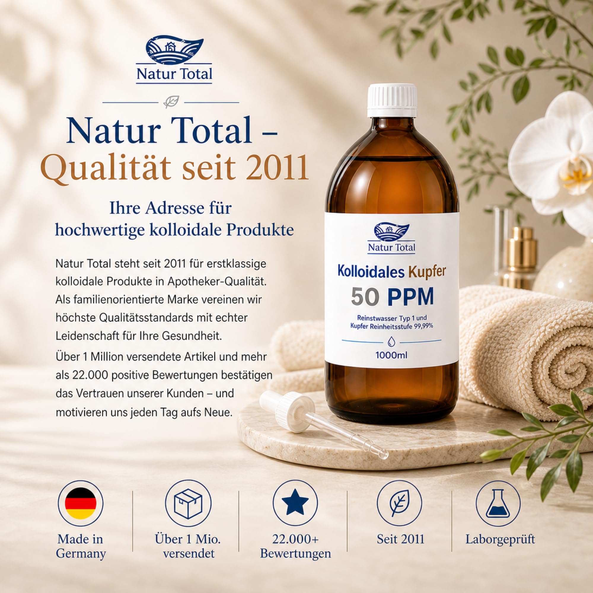 Natur Total Kolloidales Kupfer 50 PPM 1000ml XL-Flasche | Apotheker-Braunglas | Reinstwasser Typ 1 | 99,99% Kupfer | Hochreine Kolloid-Lösung | Ionic-Pulser-Verfahren | Made in Germany seit 2011