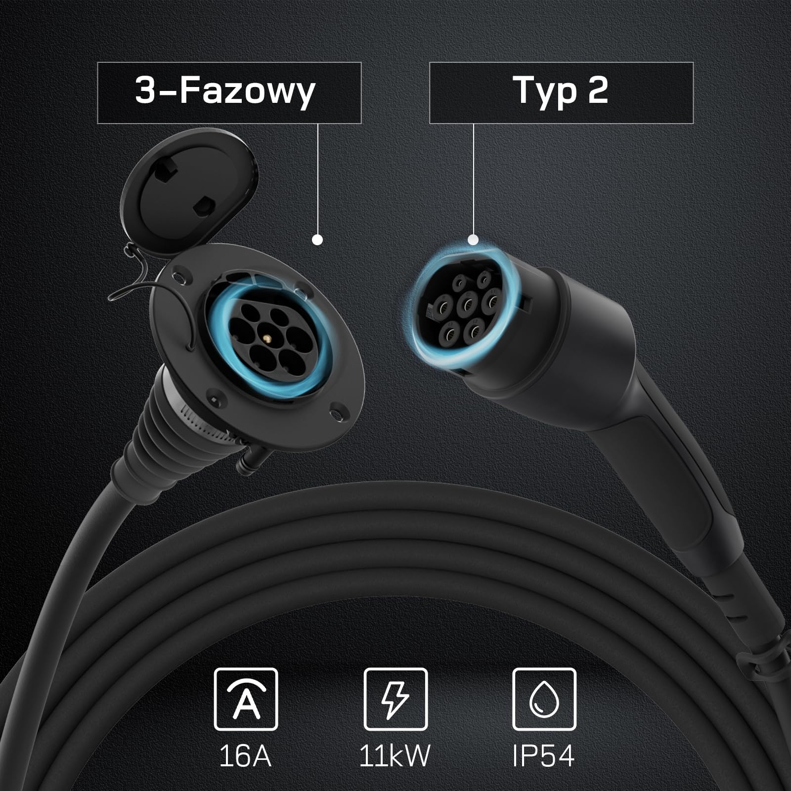 Przedłużacz Ładowania Typu 2 [5 m, 11 kW, 16 A] 3-Fazowy Kabel 400 V, IP54, Kompatybilny z Pojazdami BEV i HPEV zgodnymi z IEC62196-2, z futerałem do przenoszenia.