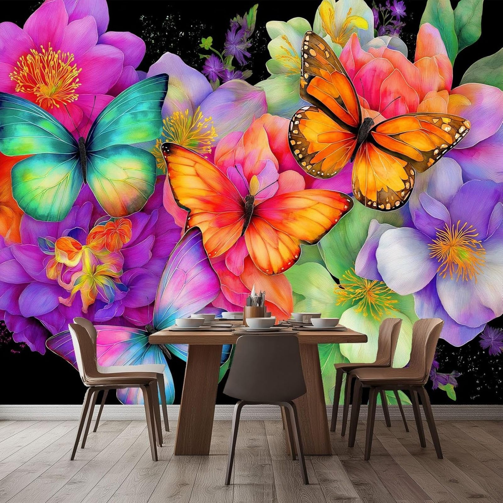 Watercolor Plants, Non-woven Photo Wallpaper Flowers Butterflies Wall Decoration for Living Room Sofa TV Background, Multicolor Modern Decoration, 150cm x 105cm Stickers - Frameless Painting - Poster