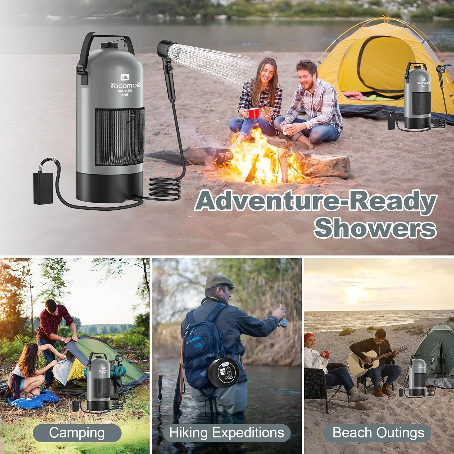Portable Camping Shower with Battery Powered Pump, 5 Gal/20L Solar Heated Camp Shower Bag, 3-Mode Shower Head & Travel Case for Outdoor Camping, Beach Rinse & Dogs