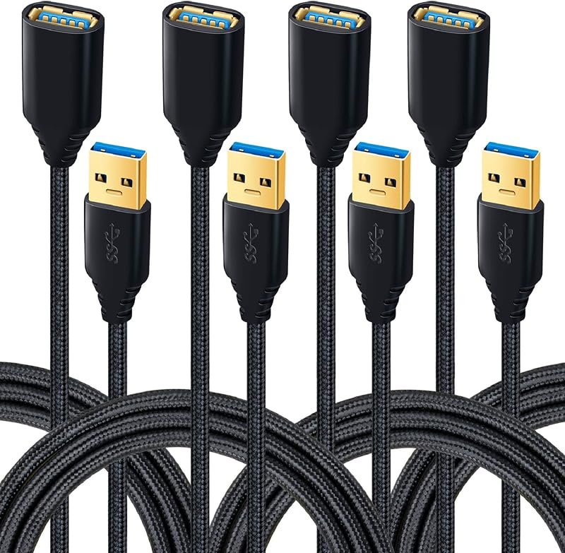 USB 3.0 Extension Cable, 4Pack [6ft] USB A Male to Female Braided Extender Cord 5Gbps Fast Data Transfer for Hard Drive, Keyboard, Mouse, Webcam, USB Flash Drive, Printer - Black