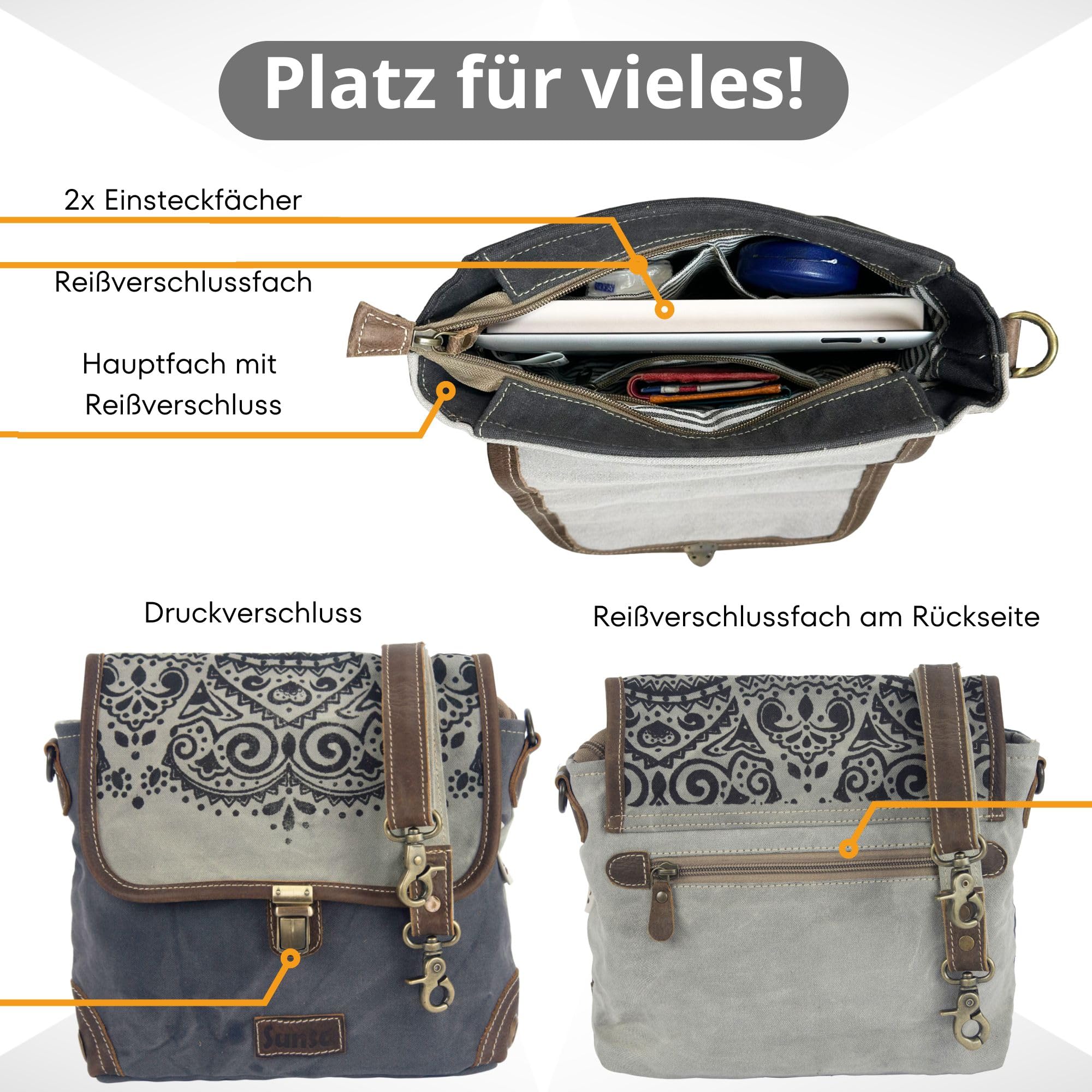 Sunsa Damen Umhängetasche. Canvas/Leder Messenger Tasche. Grau/schwarz
