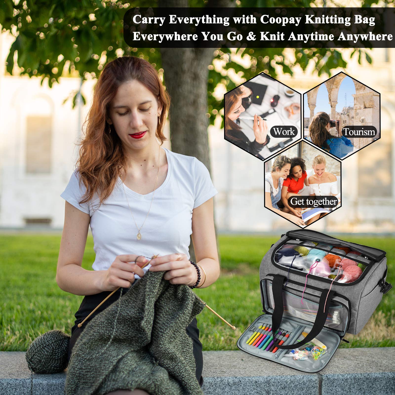 Coopay Sac Fourre-Tout pour Rangement pour Fils Textiles,Sac Rangement Tricot Aiguilles Portable pour Protect Unfinished Project,Sac Pelote de Laine pour Débutants et Professionnels du Tricot - Gris